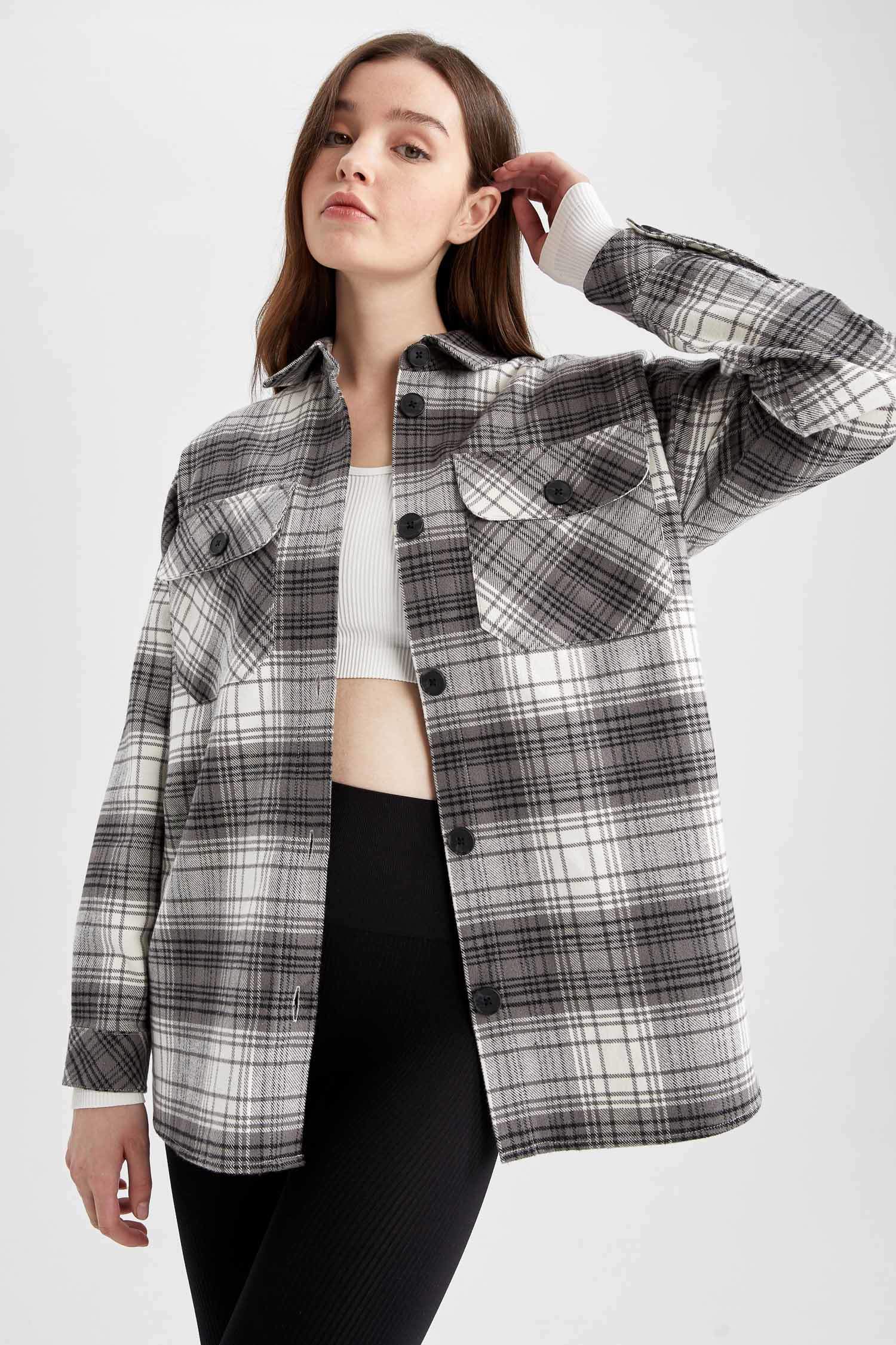 Black WOMEN Shirt Collar Flannel Long Sleeve Tunic 2510171 | DeFacto