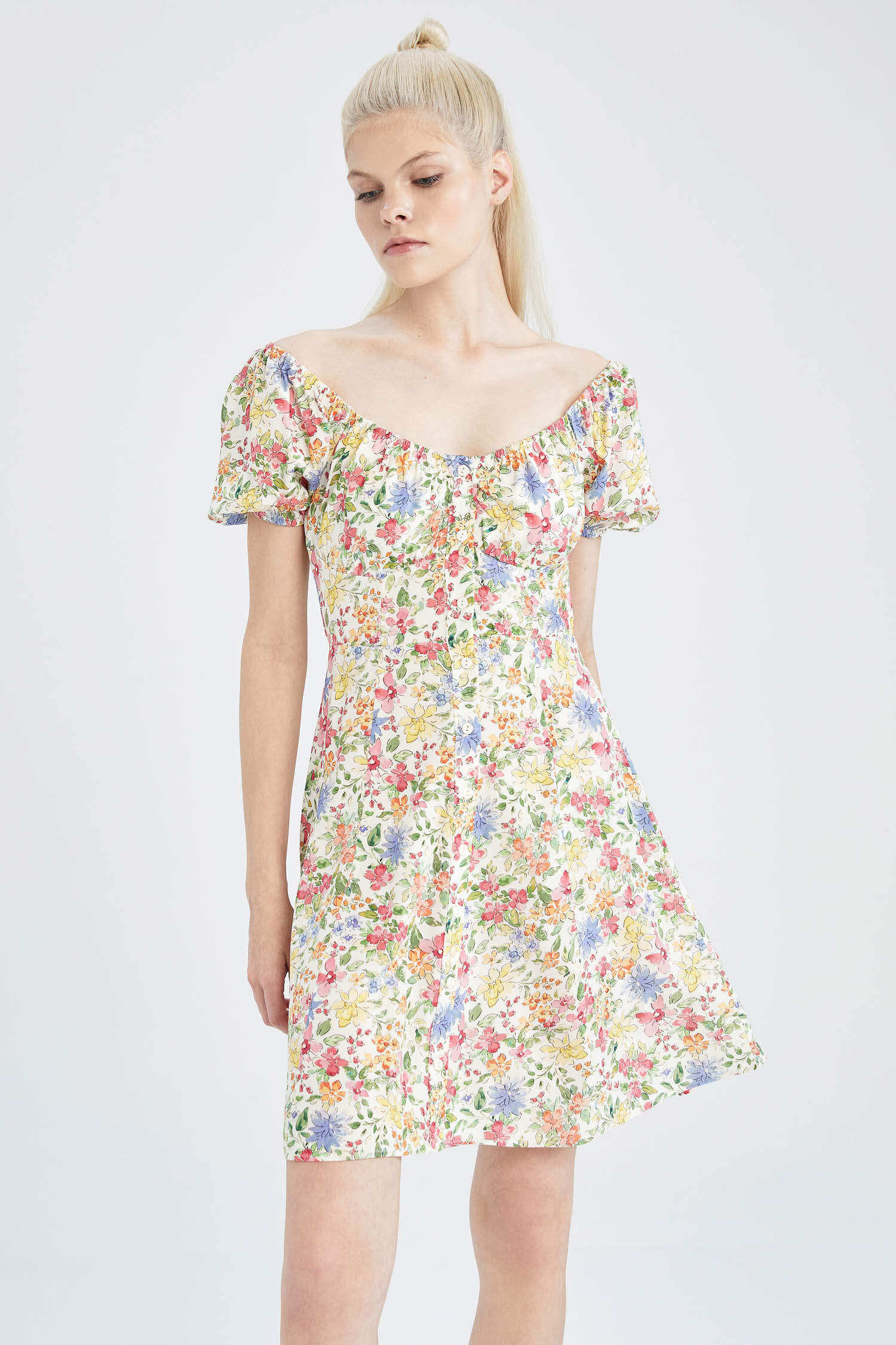Ecru WOMAN U Neck Short Sleeve Floral Print Mini Dress 2460862 | DeFacto
