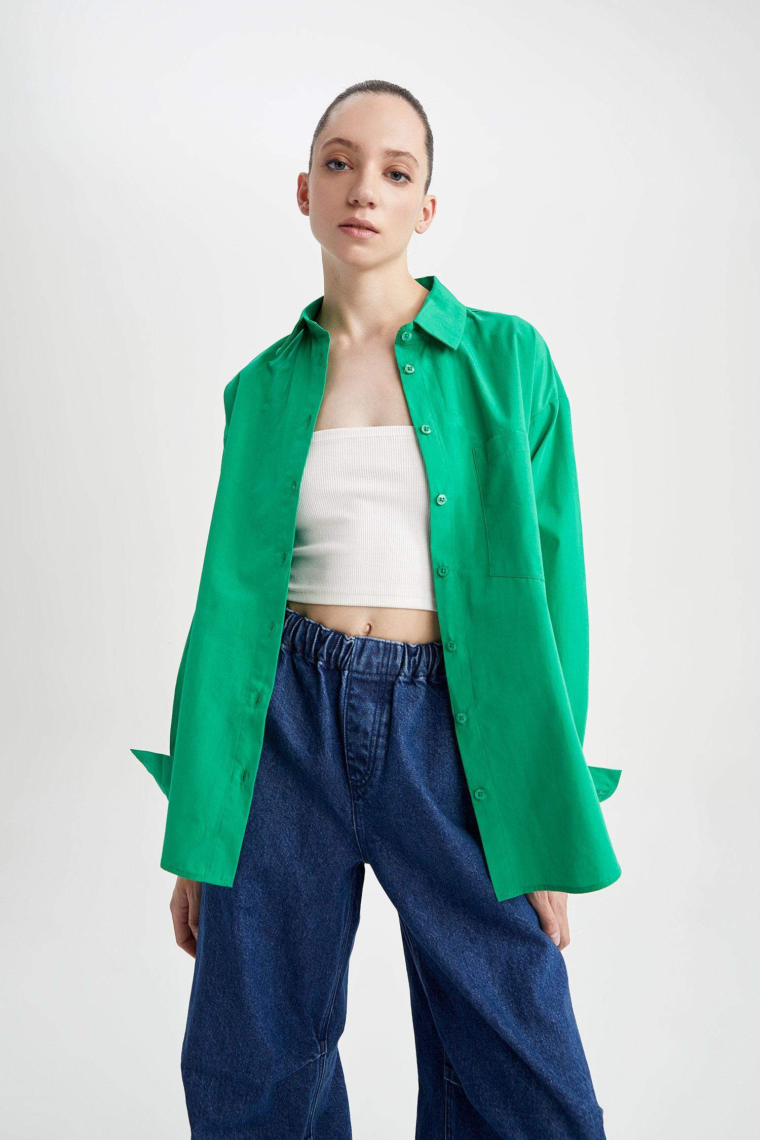 Green WOMAN Oversize Fit Shirt Collar Poplin Long Sleeve Shirt 2735577 ...