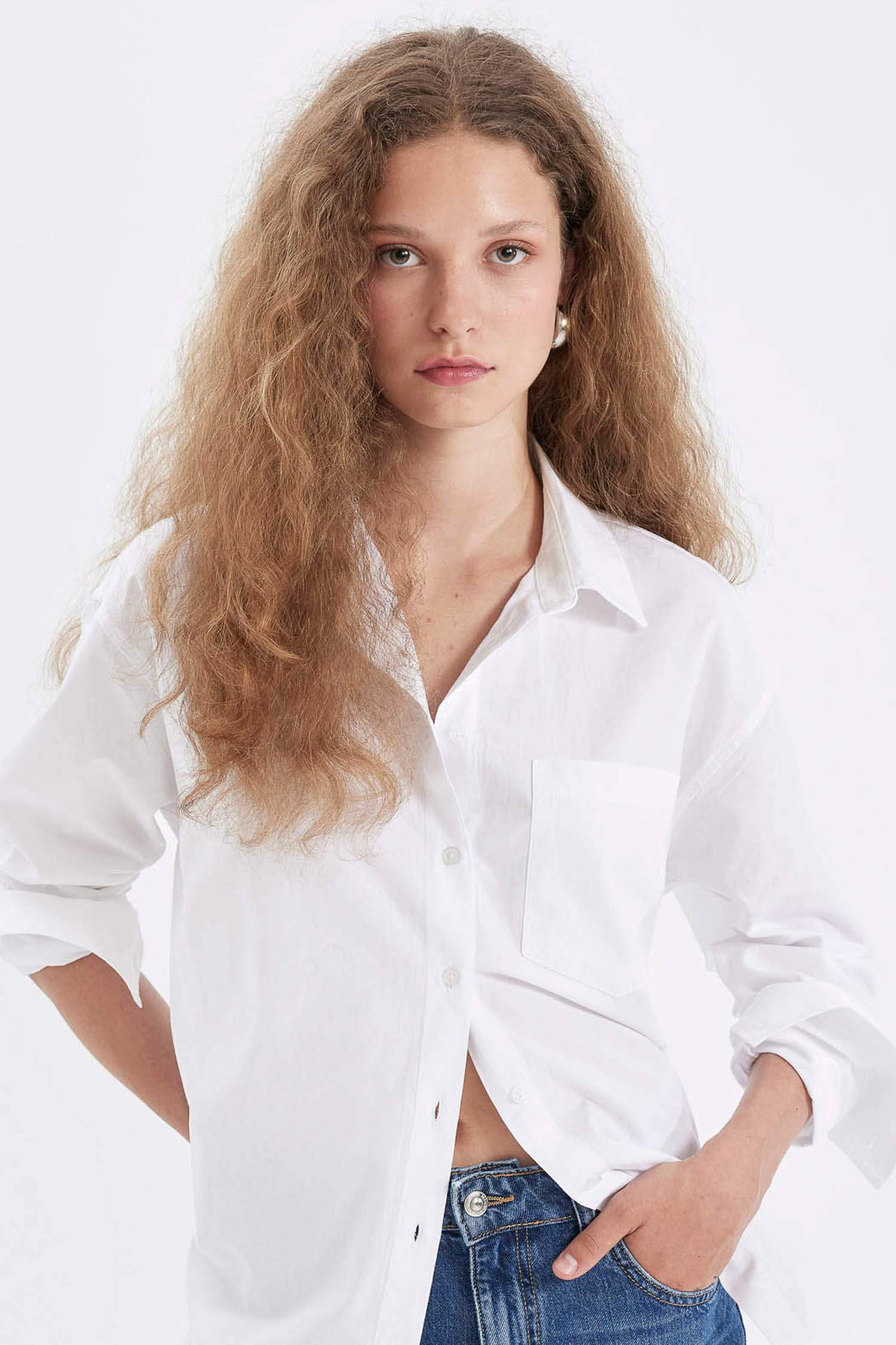 Oversize Geniş Kalıp Basic Düz Düğmeli Poplin Uzun Kollu Gömlek