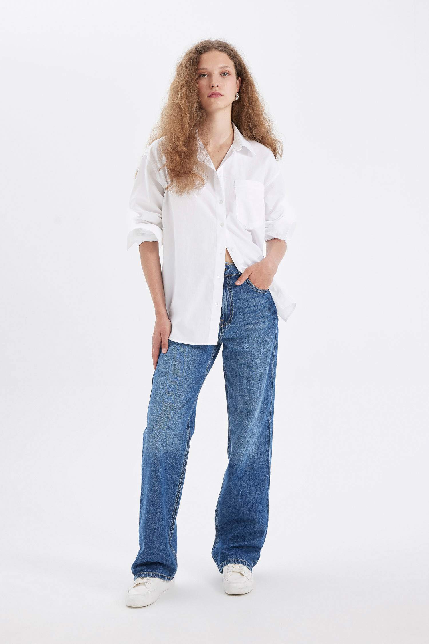 Oversize Geniş Kalıp Basic Düz Düğmeli Poplin Uzun Kollu Gömlek