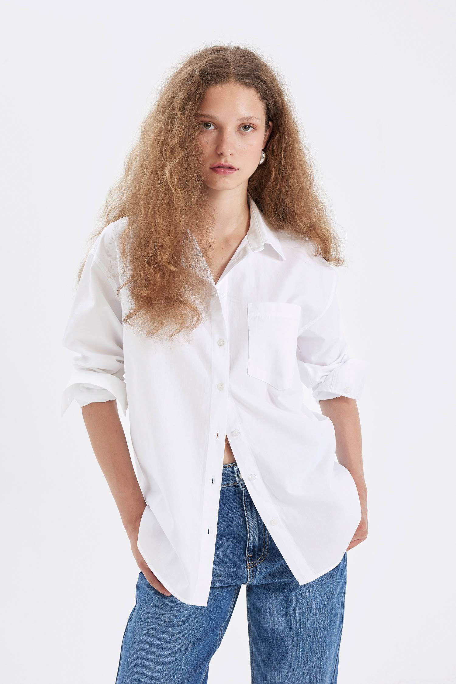 Oversize Geniş Kalıp Basic Düz Düğmeli Poplin Uzun Kollu Gömlek