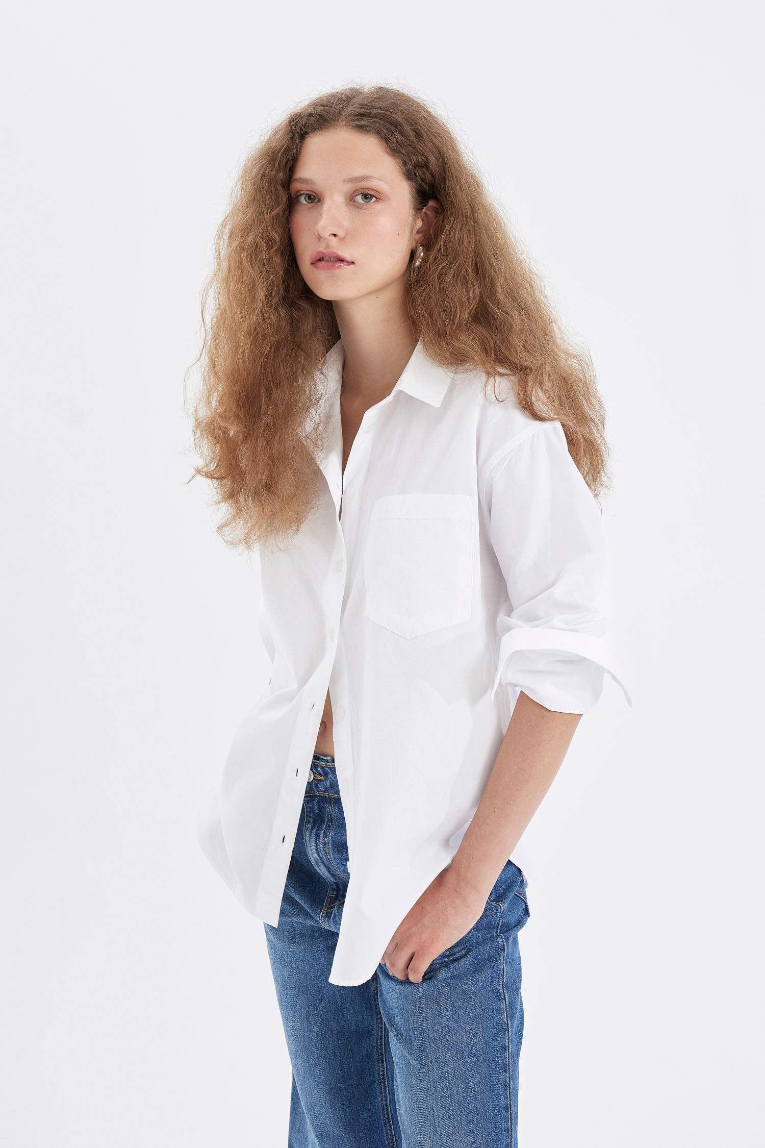 Oversize Geniş Kalıp Basic Düz Düğmeli Poplin Uzun Kollu Gömlek