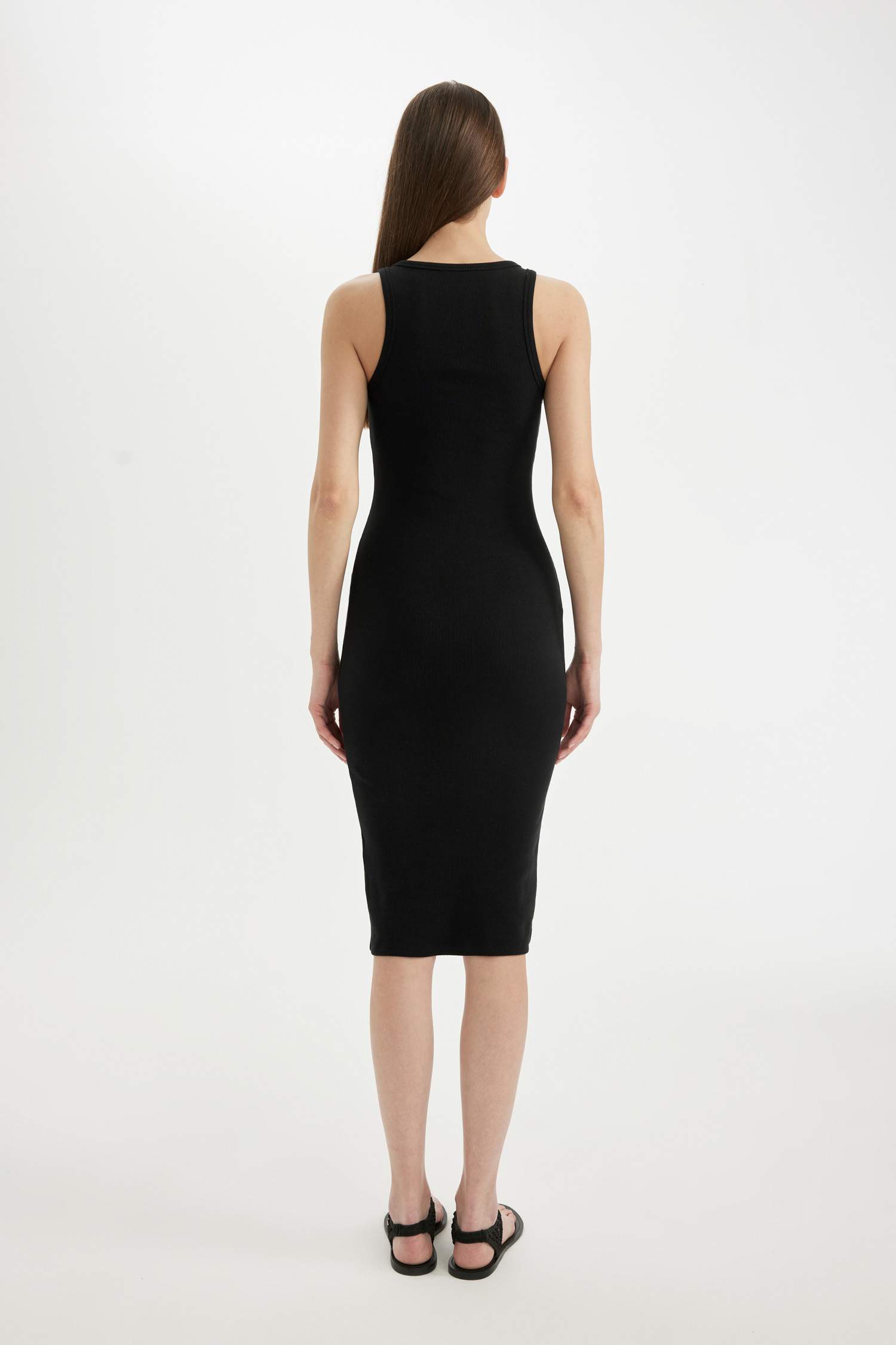 Bodycon Halter Yaka Fitilli Kaşkorse Basic Düz Kolsuz Midi Elbise