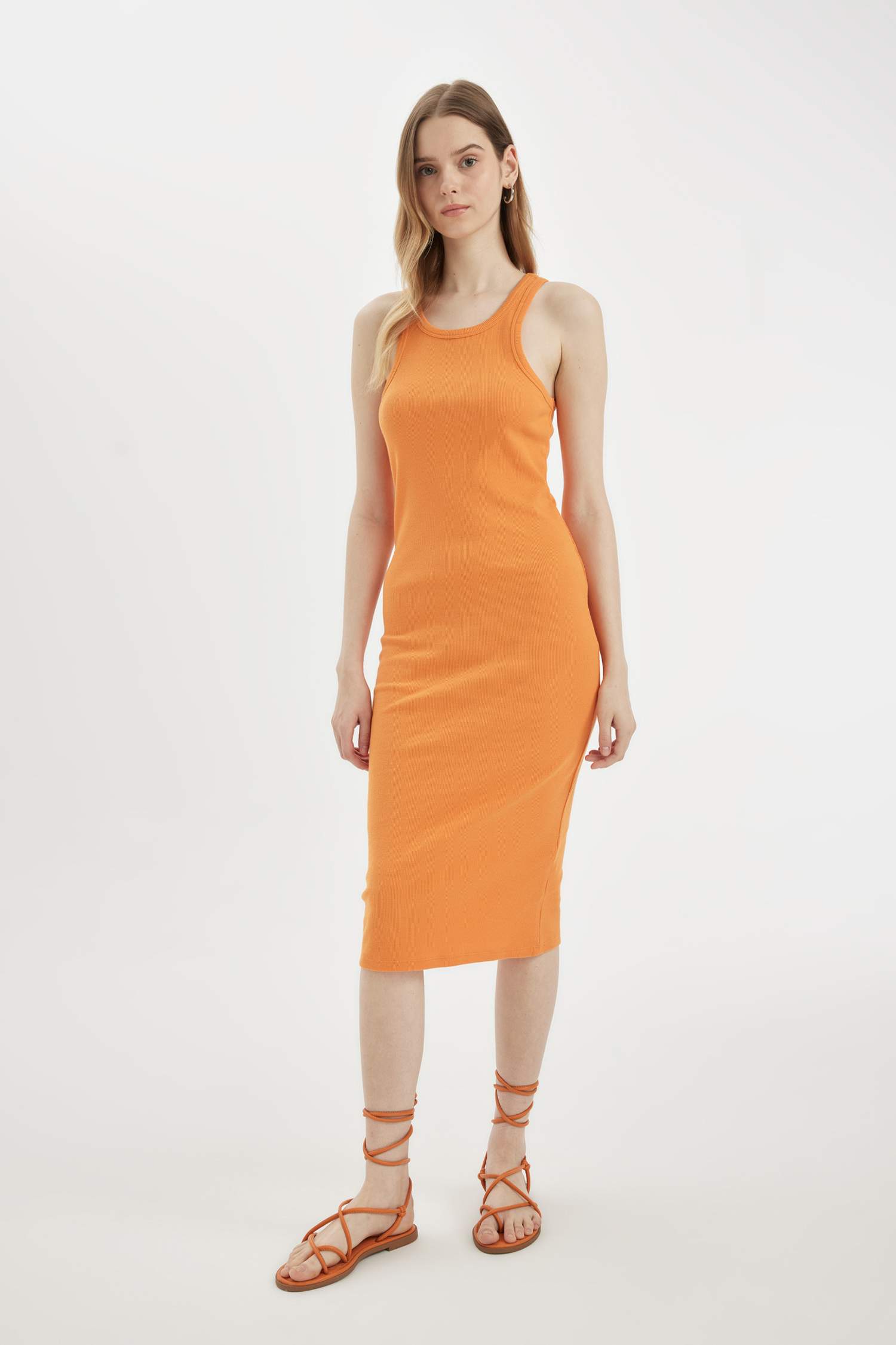 Bodycon Halter Neck Ribbed Camisole Sleeveless Midi Dress