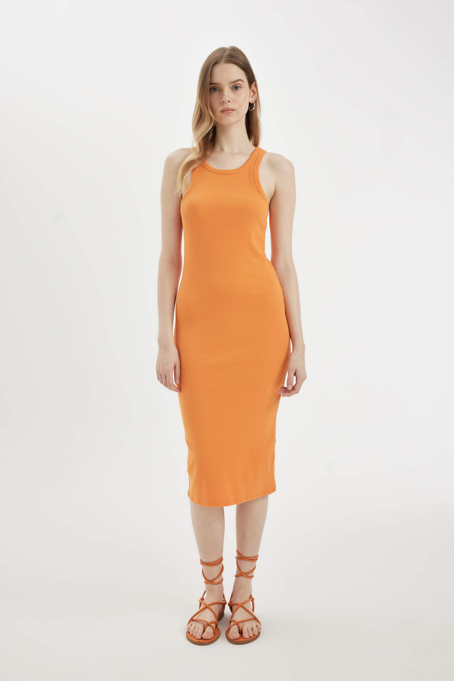 Bodycon Halter Neck Ribbed Camisole Sleeveless Midi Dress