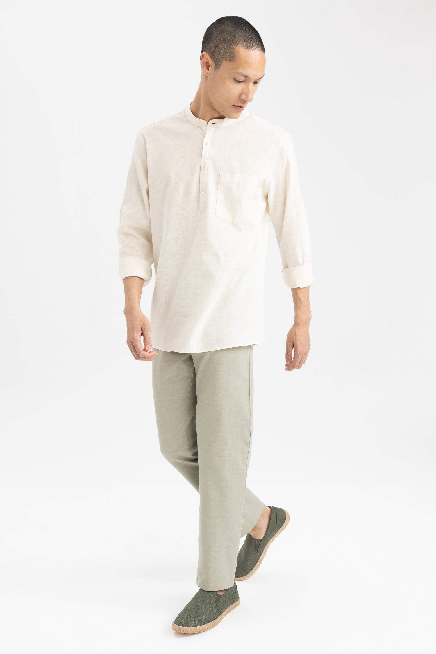 Slim Fit Dog Collar Cotton Long Sleeve Shirt