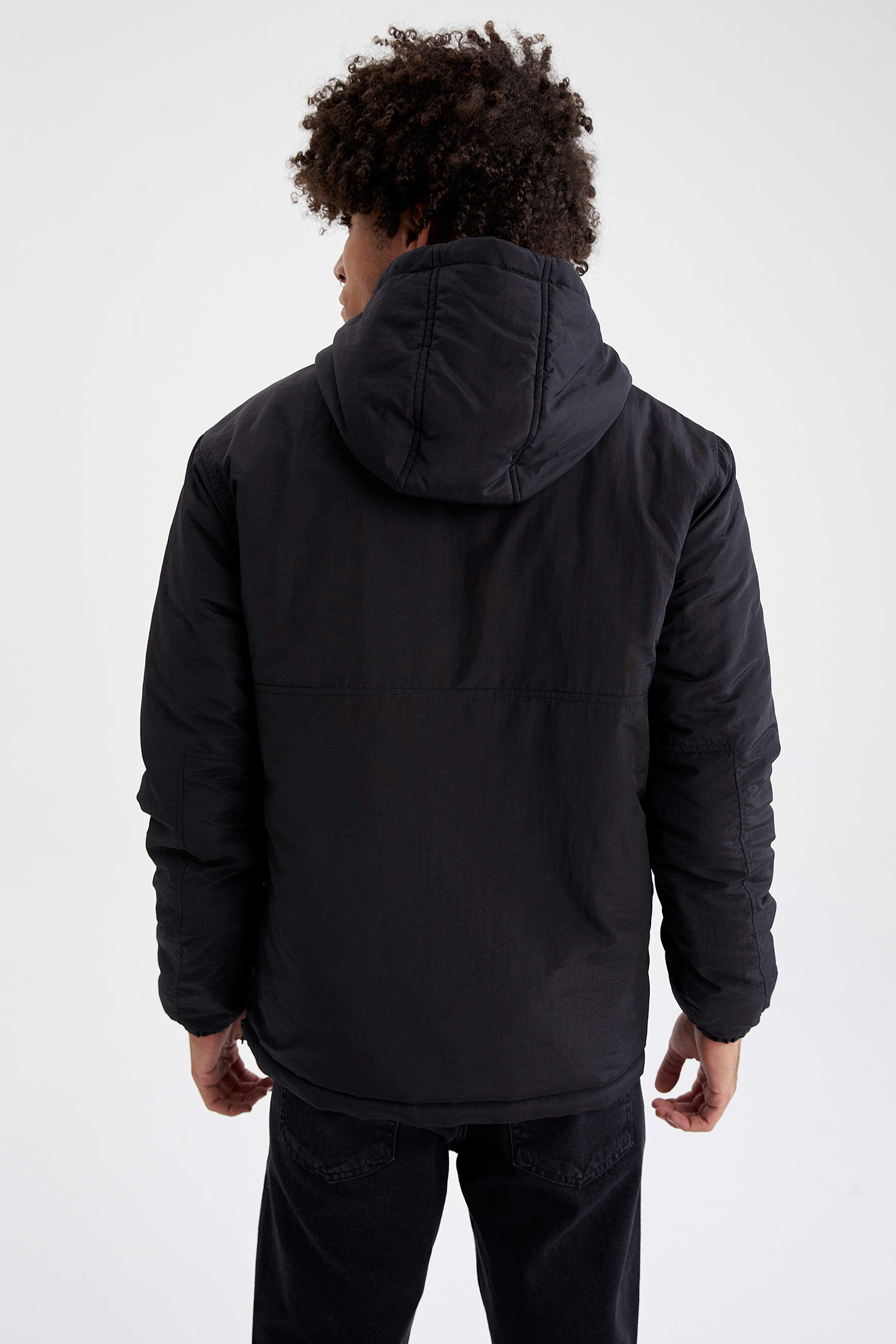 Black Man Slim Fit Hooded Printed Kangaroo Pocket Coat 2029956 | DeFacto