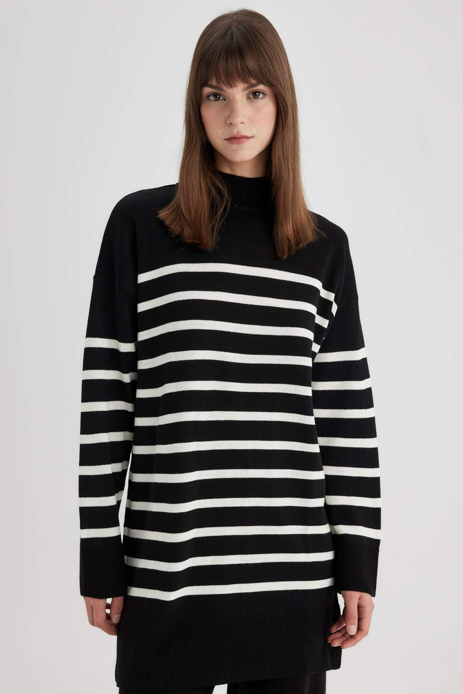 Relax Fit Striped Turtleneck Pullover Tunic