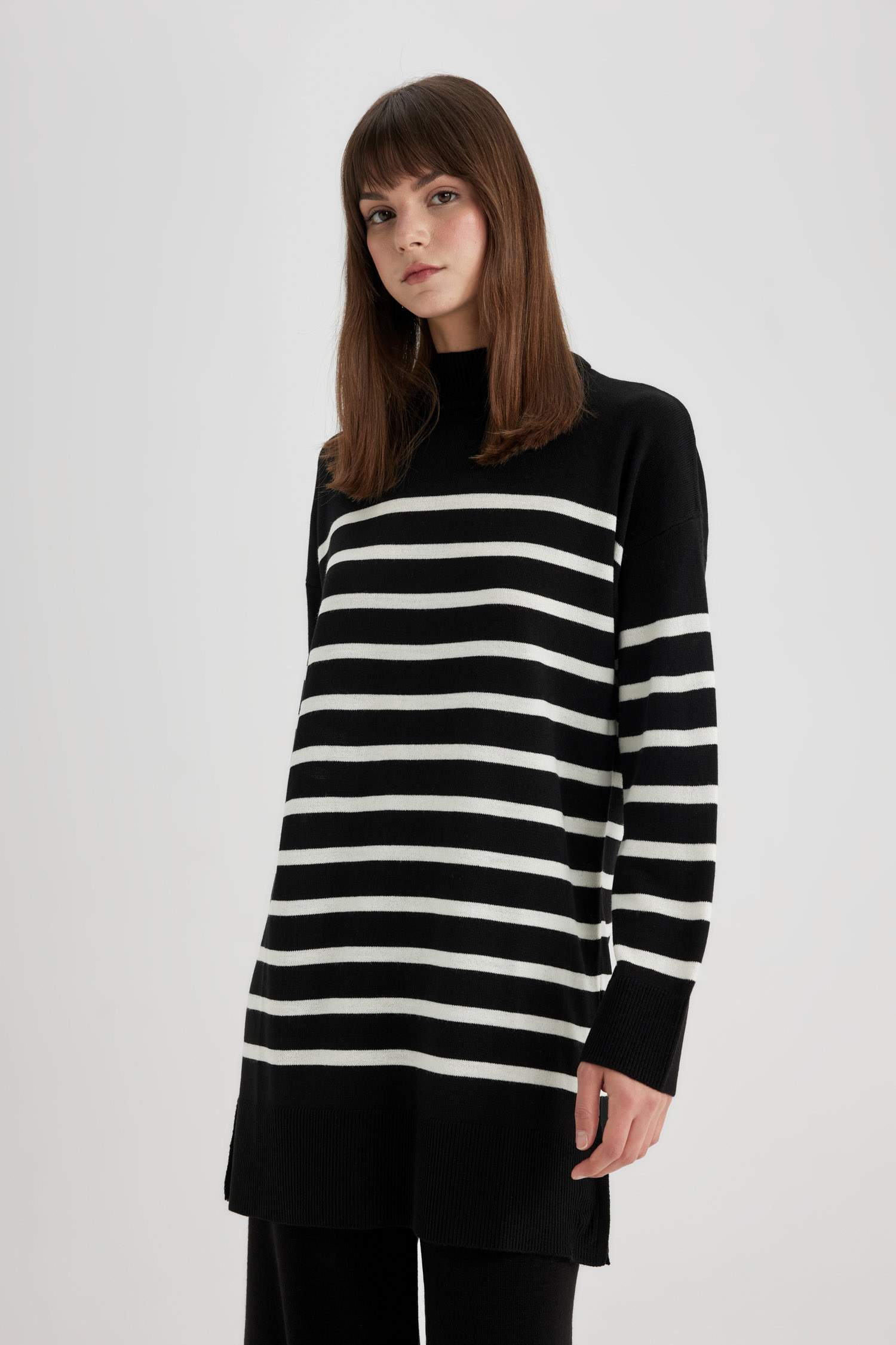Relax Fit Striped Turtleneck Pullover Tunic