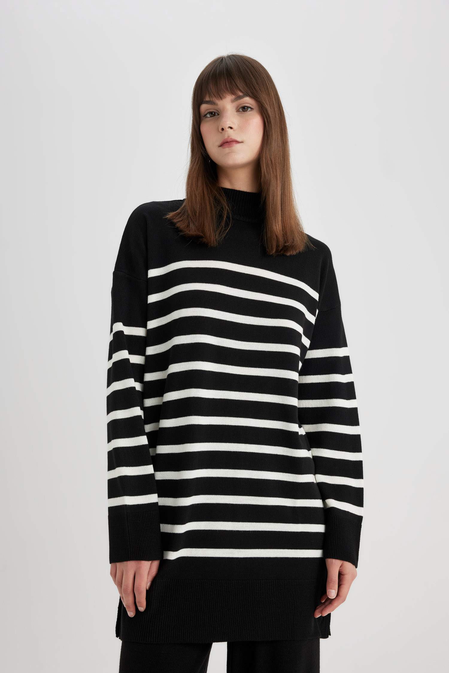 Relax Fit Striped Turtleneck Pullover Tunic