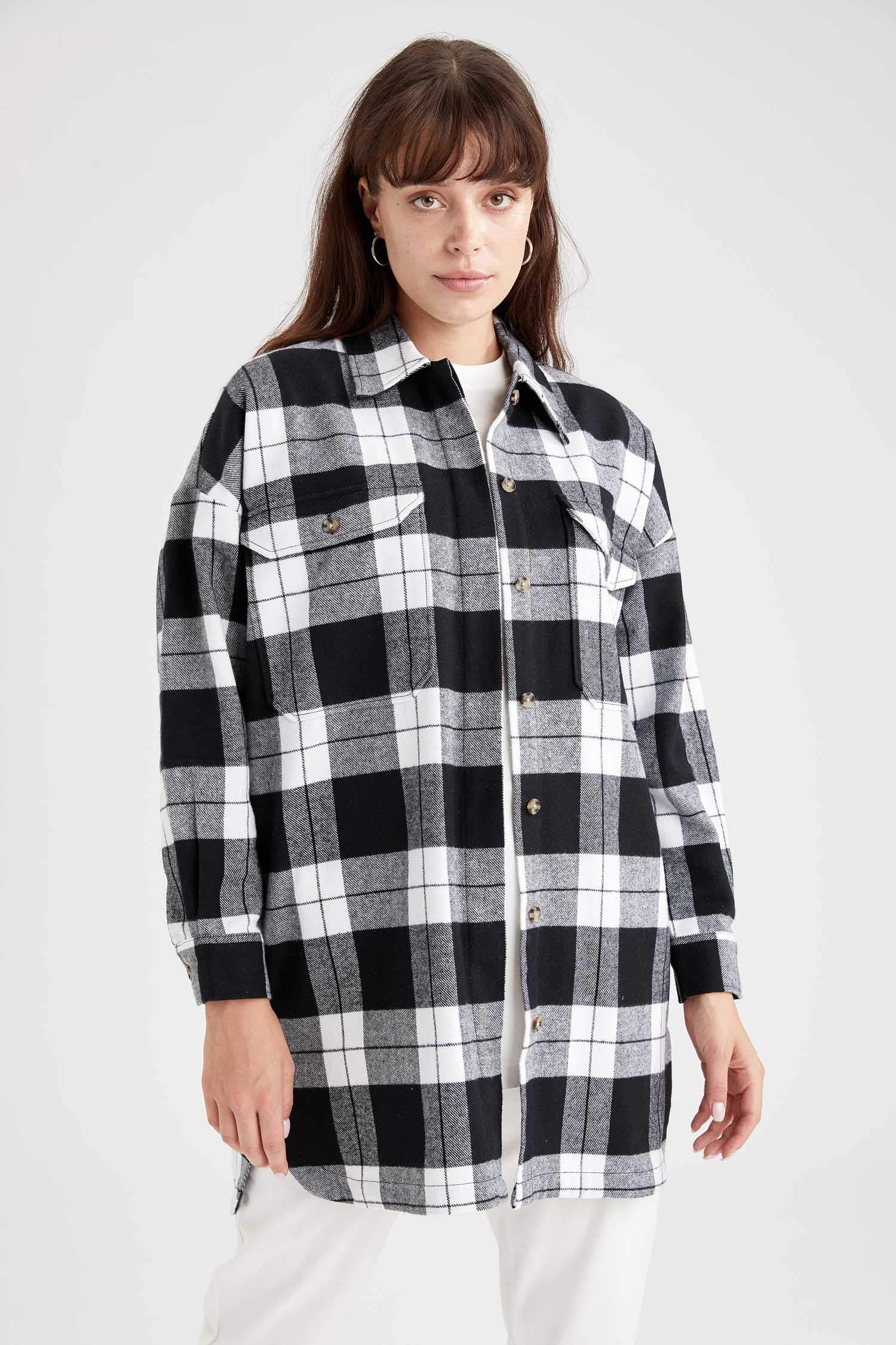 Black Woman Relax Fit Checked Flannel Long Sleeve Woven Tunic 2300535 ...
