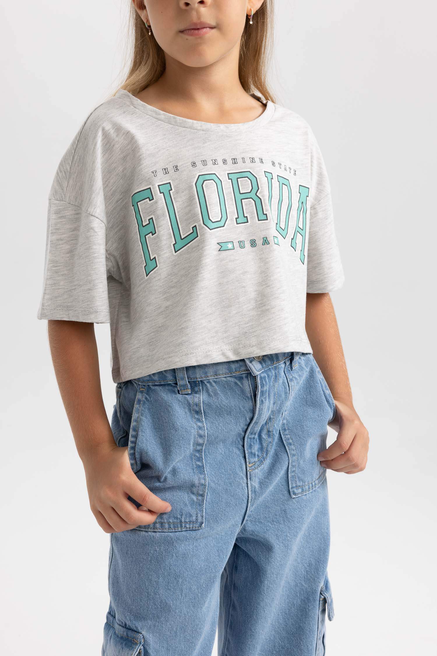 تي شيرت بناتي كروب بأكمام قصير مطبوع - قطعتين