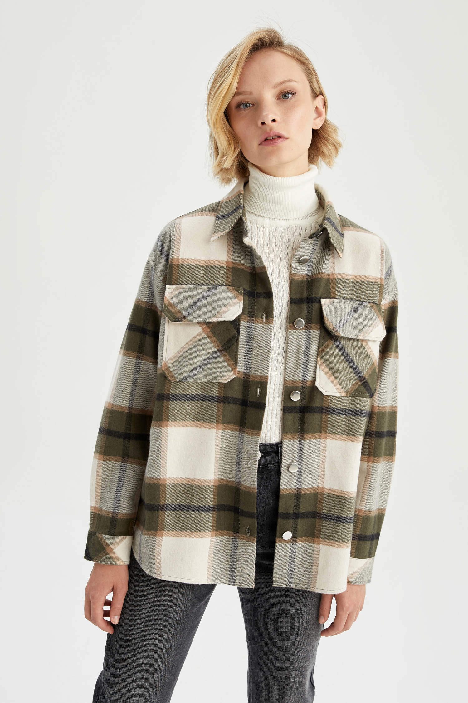 Jackets & Coats, Khaki Plaid Print Button Down Cropped Flannel Cropped  Bomber Jacket Shacket