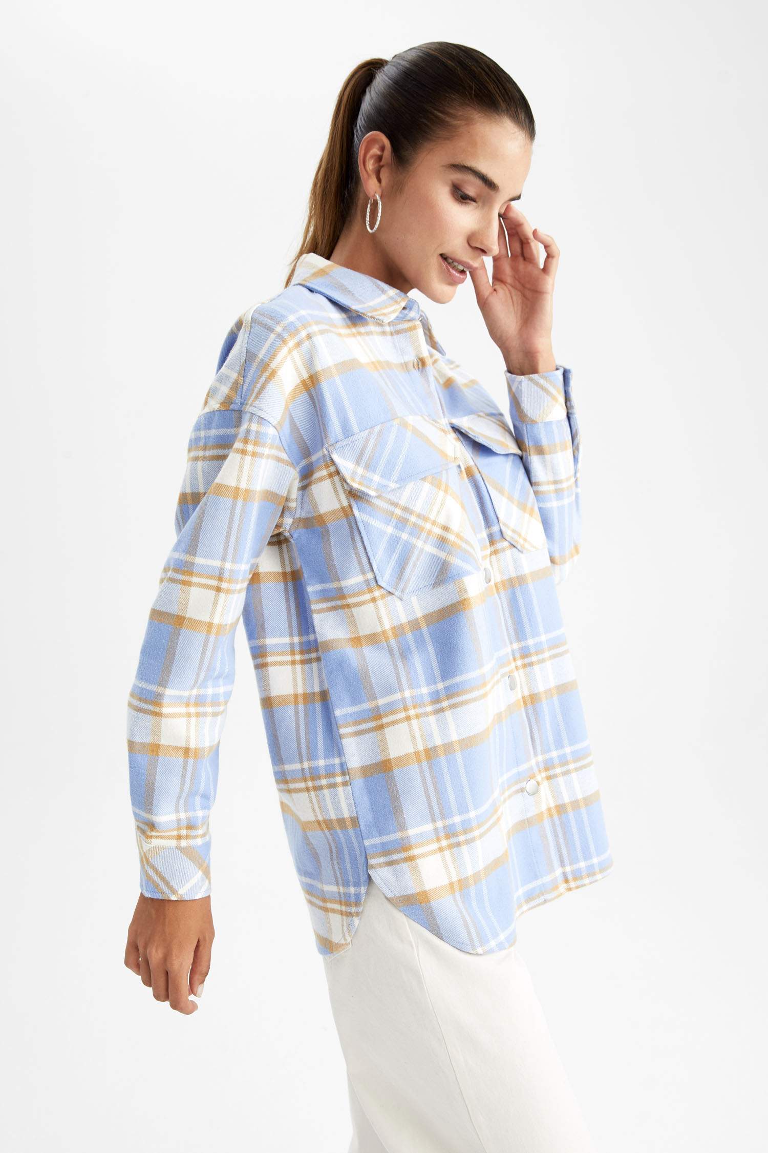 Oversize Fit Shirt Collar Flannel Long Sleeve Tunic