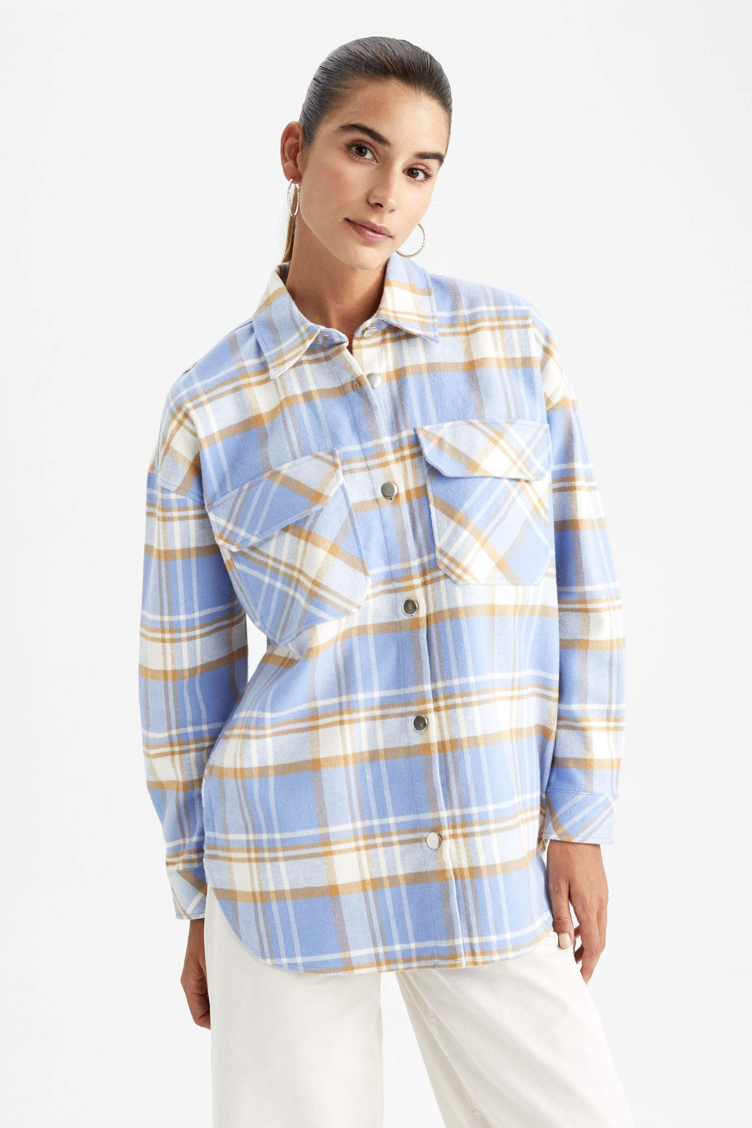 Oversize Fit Shirt Collar Flannel Long Sleeve Tunic
