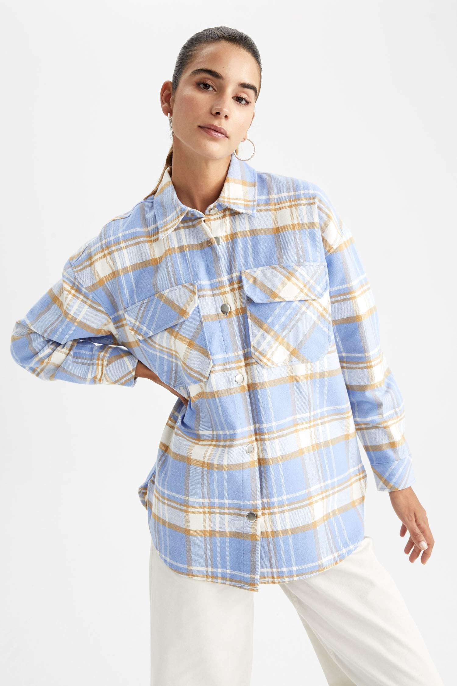 Oversize Fit Shirt Collar Flannel Long Sleeve Tunic