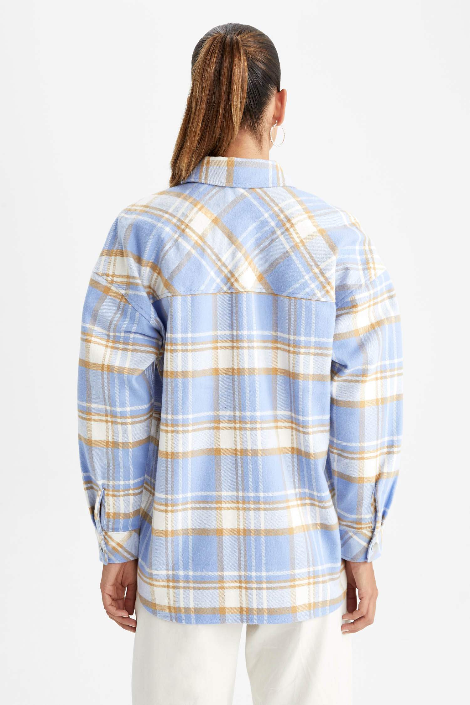 Oversize Fit Shirt Collar Flannel Long Sleeve Tunic