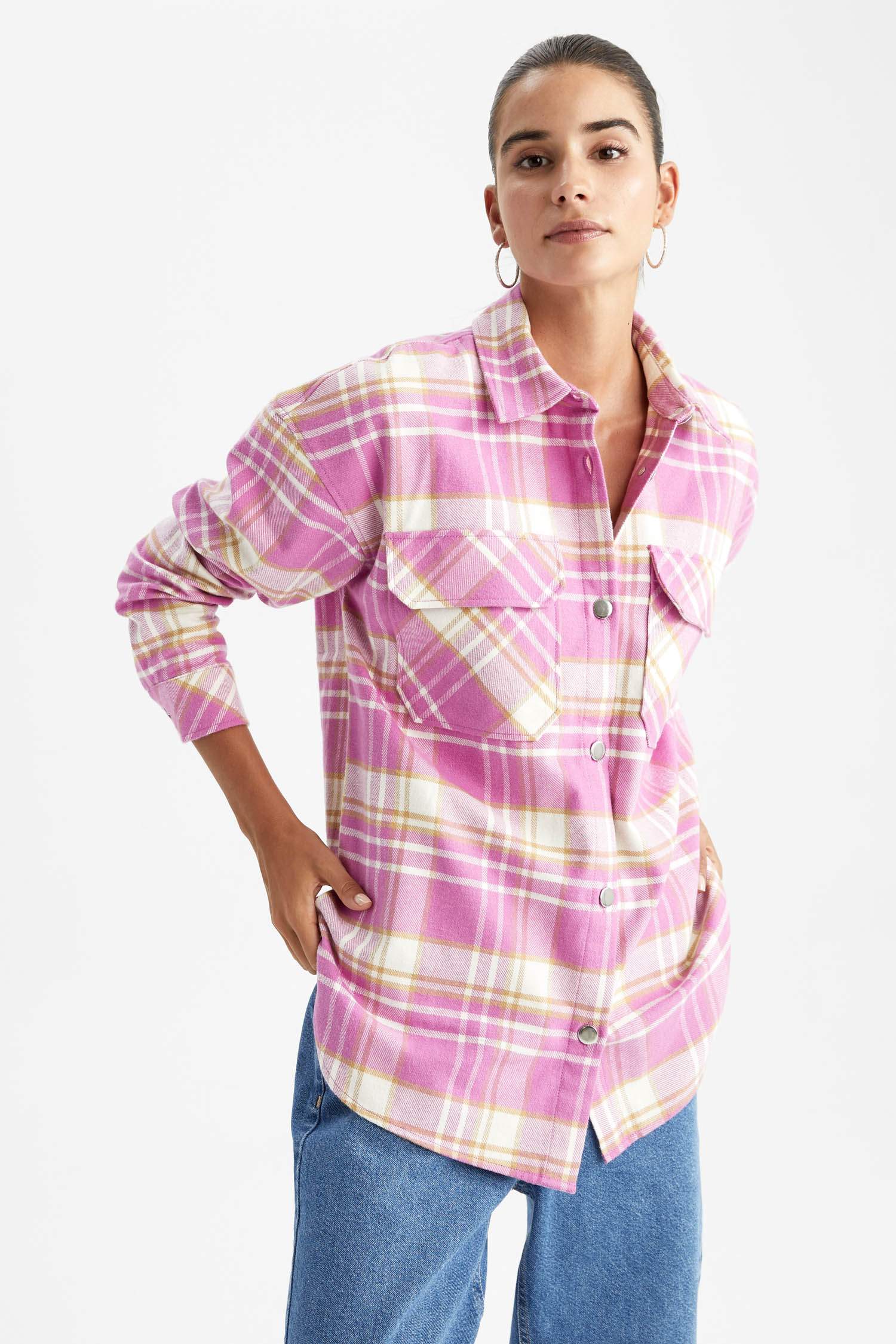 Oversize Fit Shirt Collar Flannel Long Sleeve Tunic