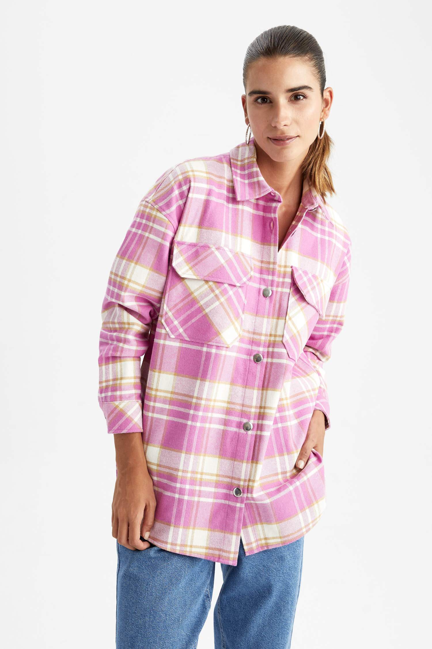 Oversize Fit Shirt Collar Flannel Long Sleeve Tunic