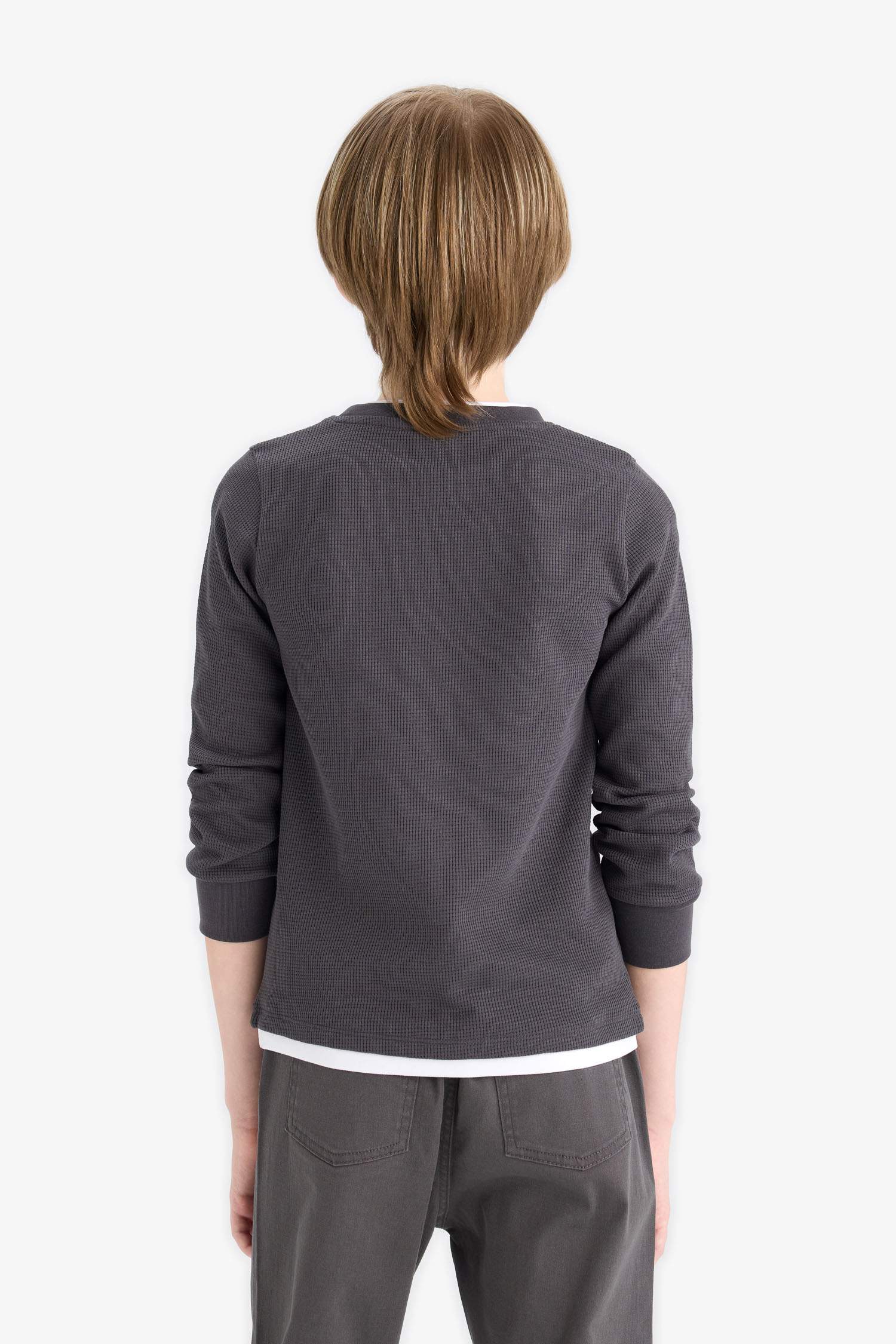 Erkek Çocuk Bisiklet Yaka Basic Düz Waffle Uzun Kollu Okul Tişörtü