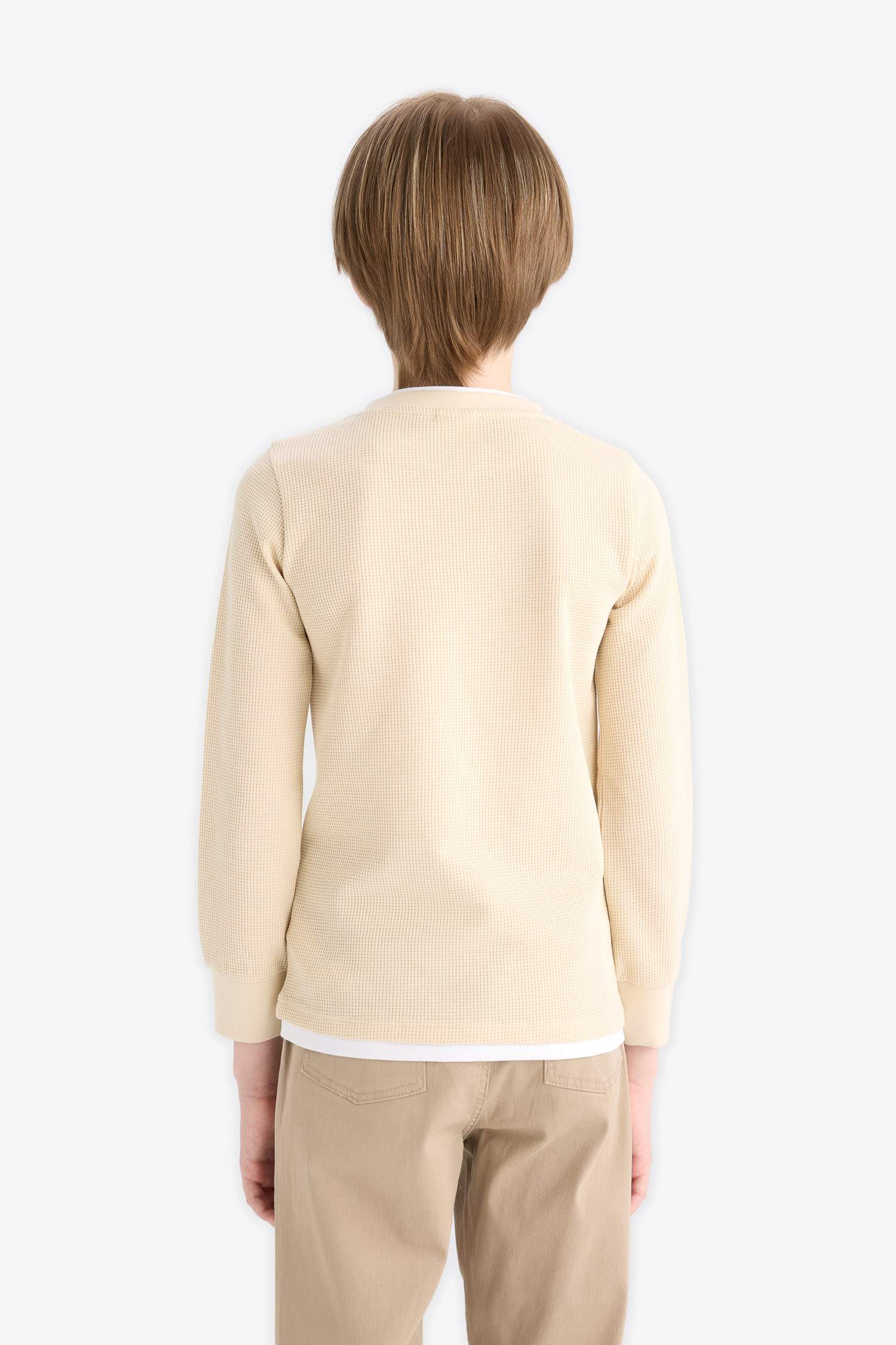 Erkek Çocuk Bisiklet Yaka Basic Düz Waffle Uzun Kollu Okul Tişörtü