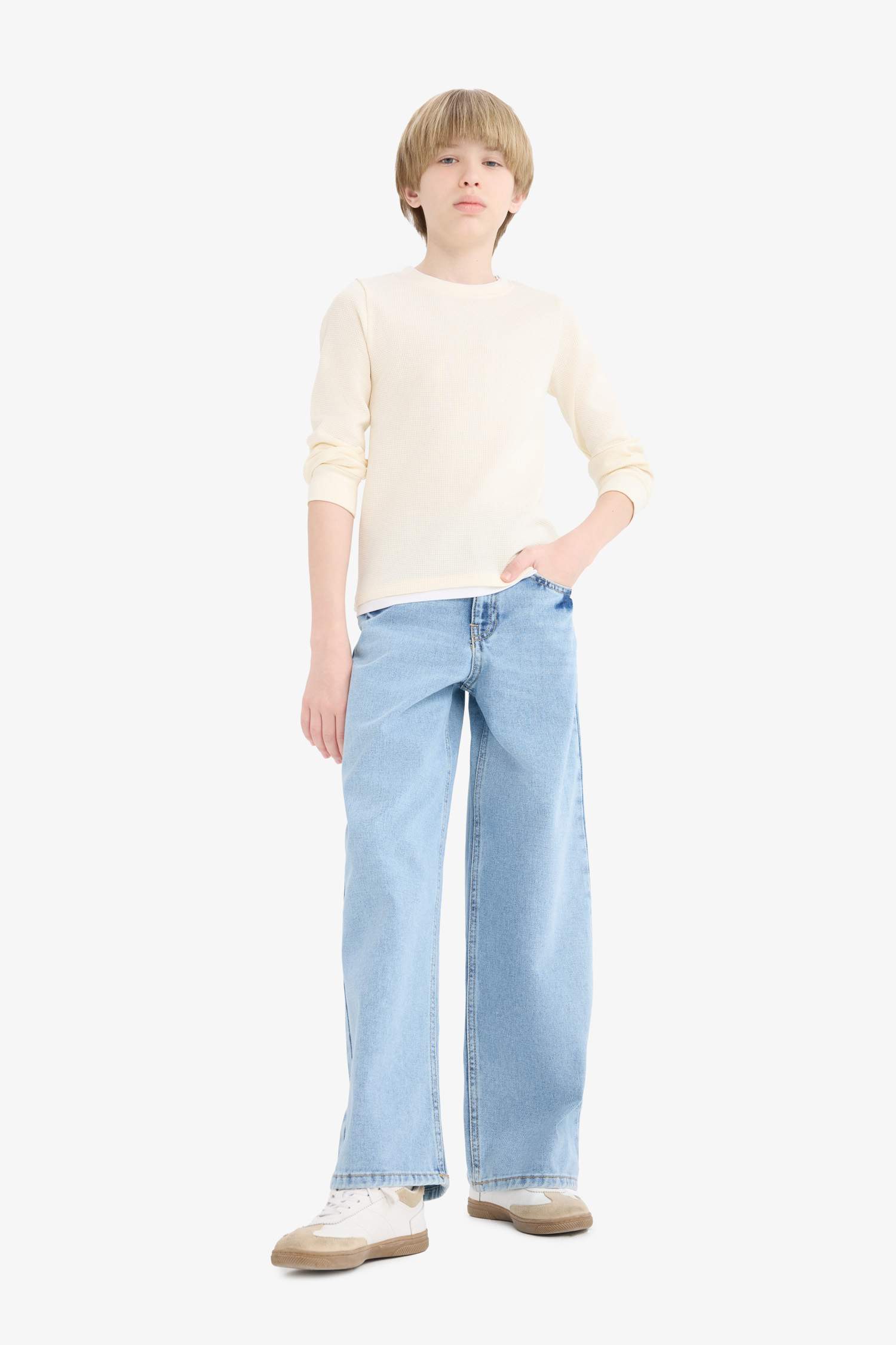 Erkek Çocuk Bisiklet Yaka Basic Düz Waffle Uzun Kollu Okul Tişörtü