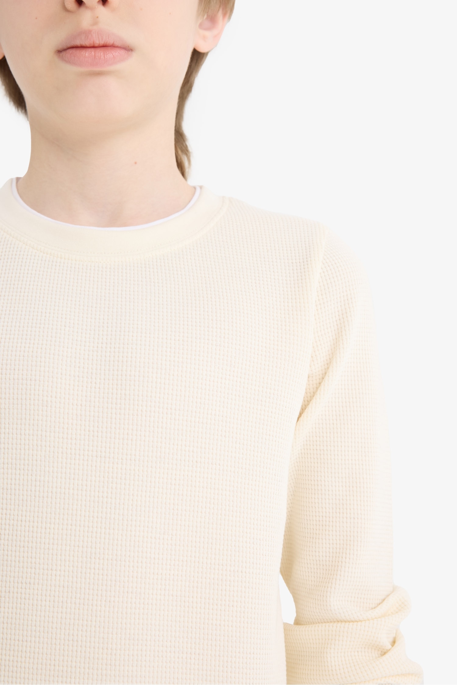 Erkek Çocuk Bisiklet Yaka Basic Düz Waffle Uzun Kollu Okul Tişörtü