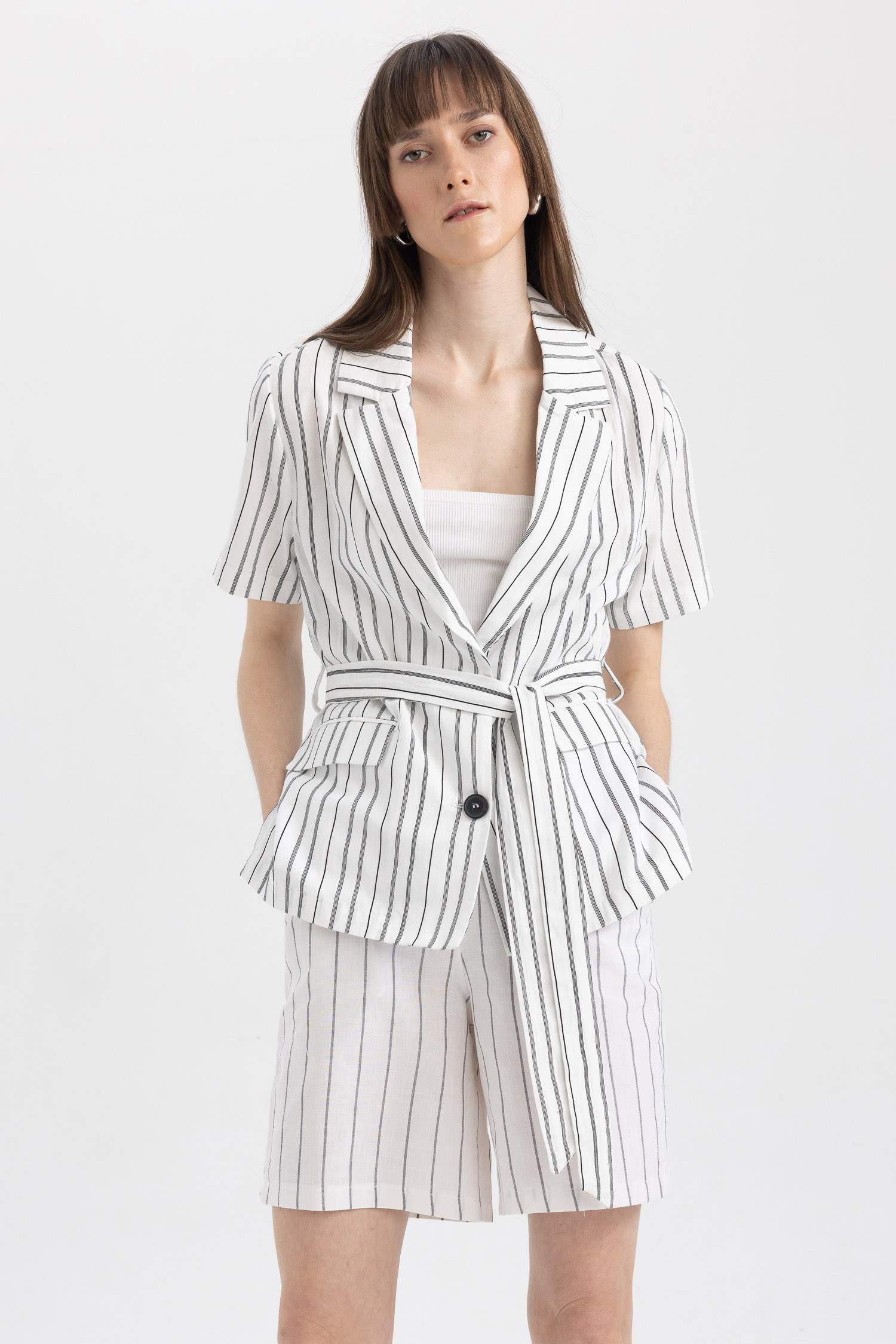 Stripe Belted Short Wrap Coat