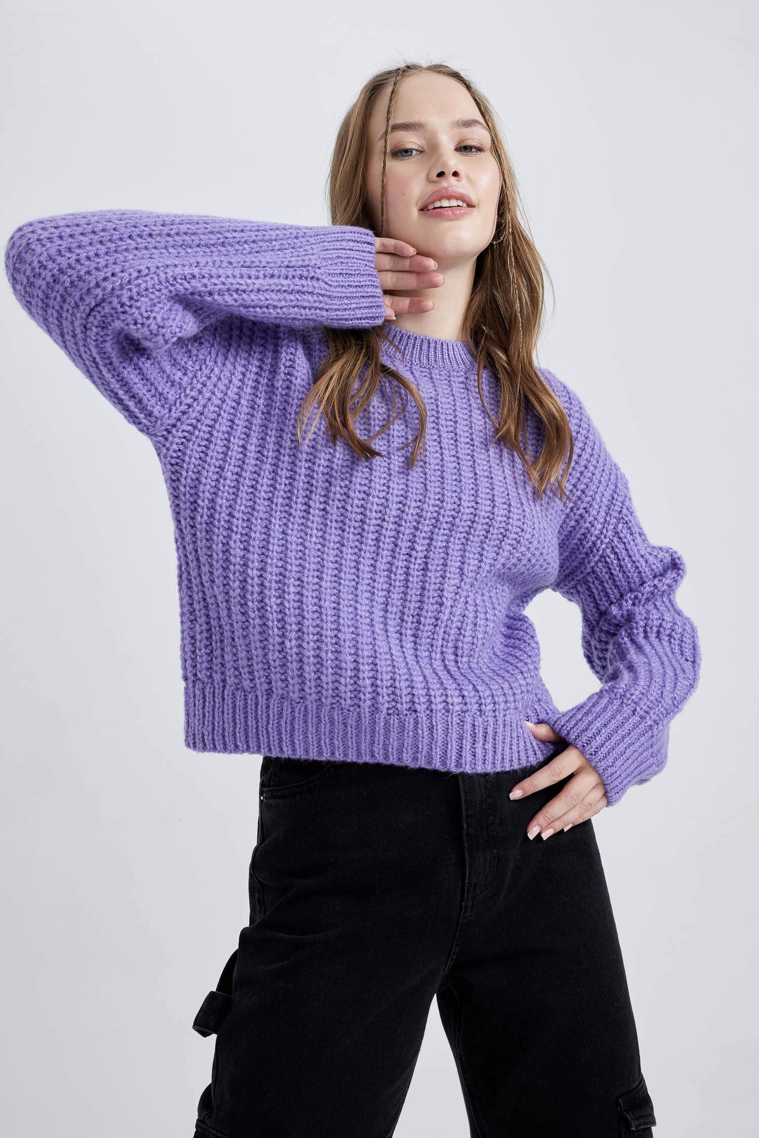 Purple WOMEN Oversize Fit Crew Neck Knitwear Pullover 2839906 | DeFacto