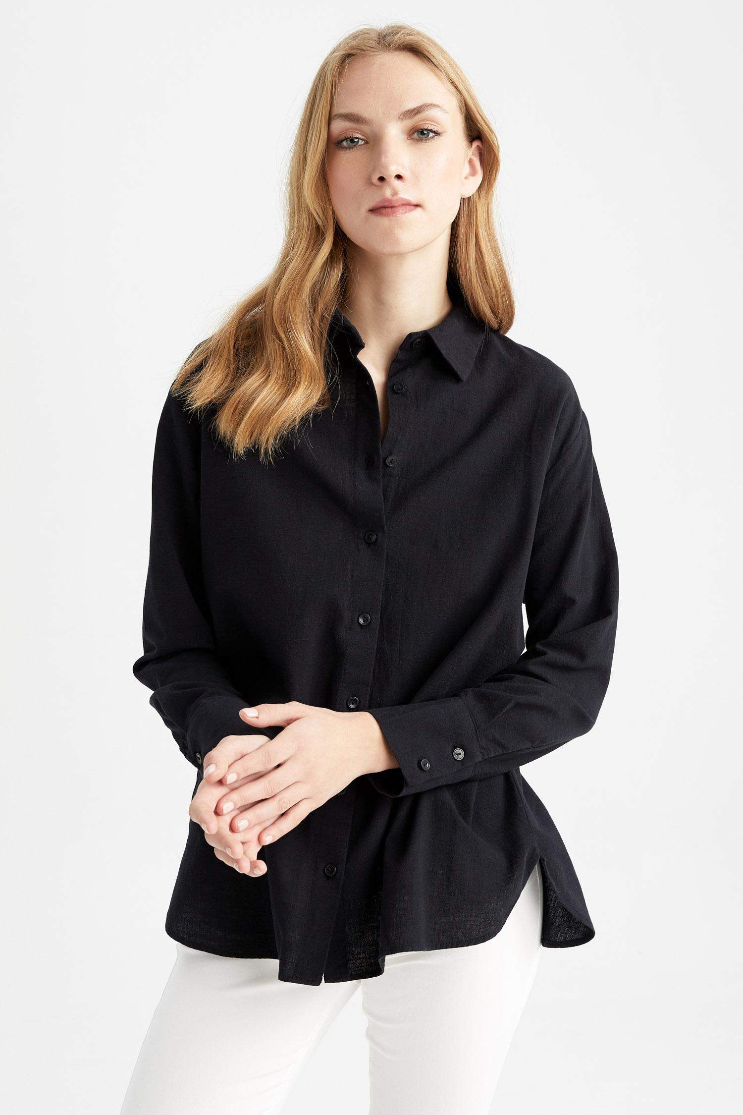 قميص بأكمام طويلة كتان اوفر سايز بياقة قميص