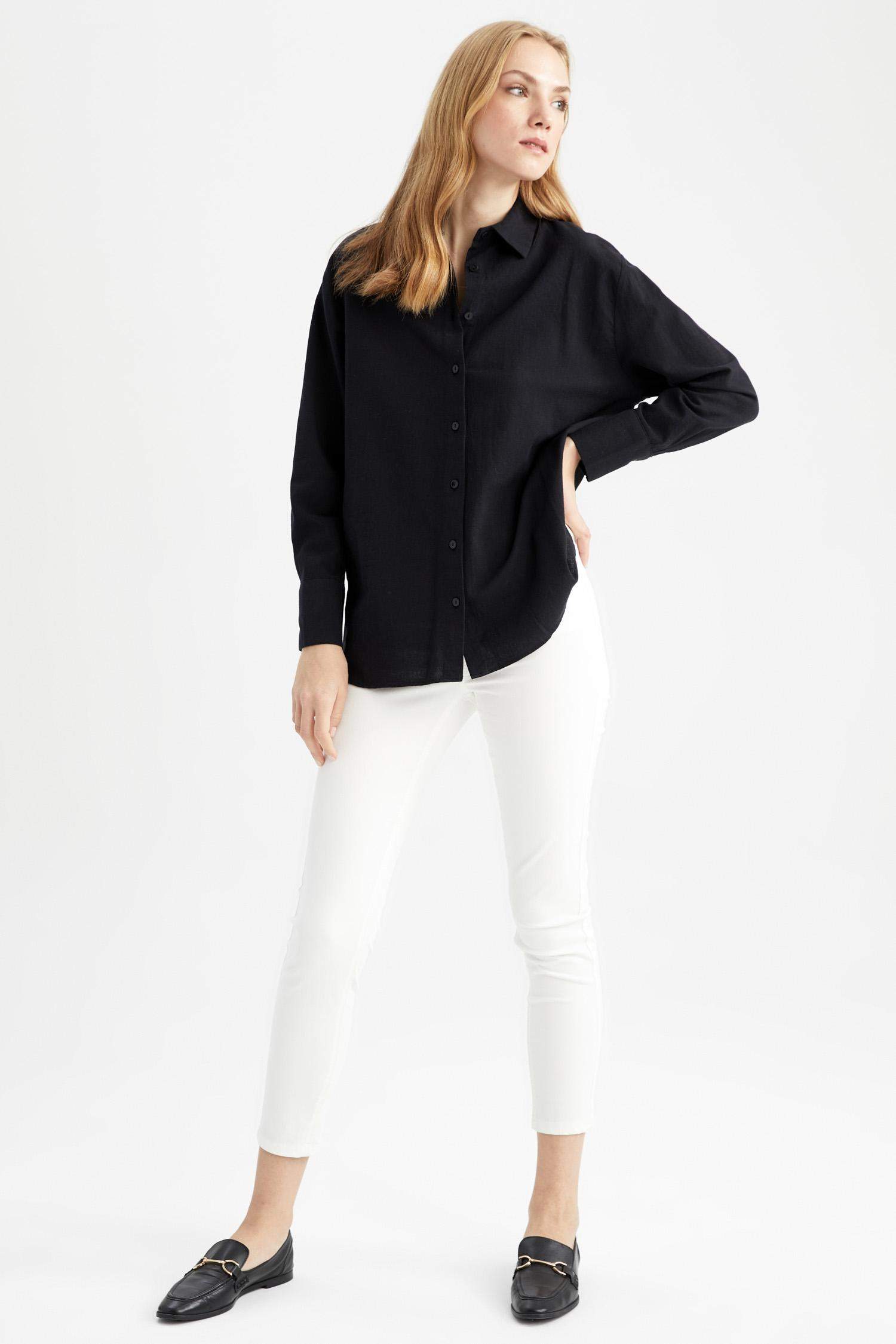 قميص بأكمام طويلة كتان اوفر سايز بياقة قميص