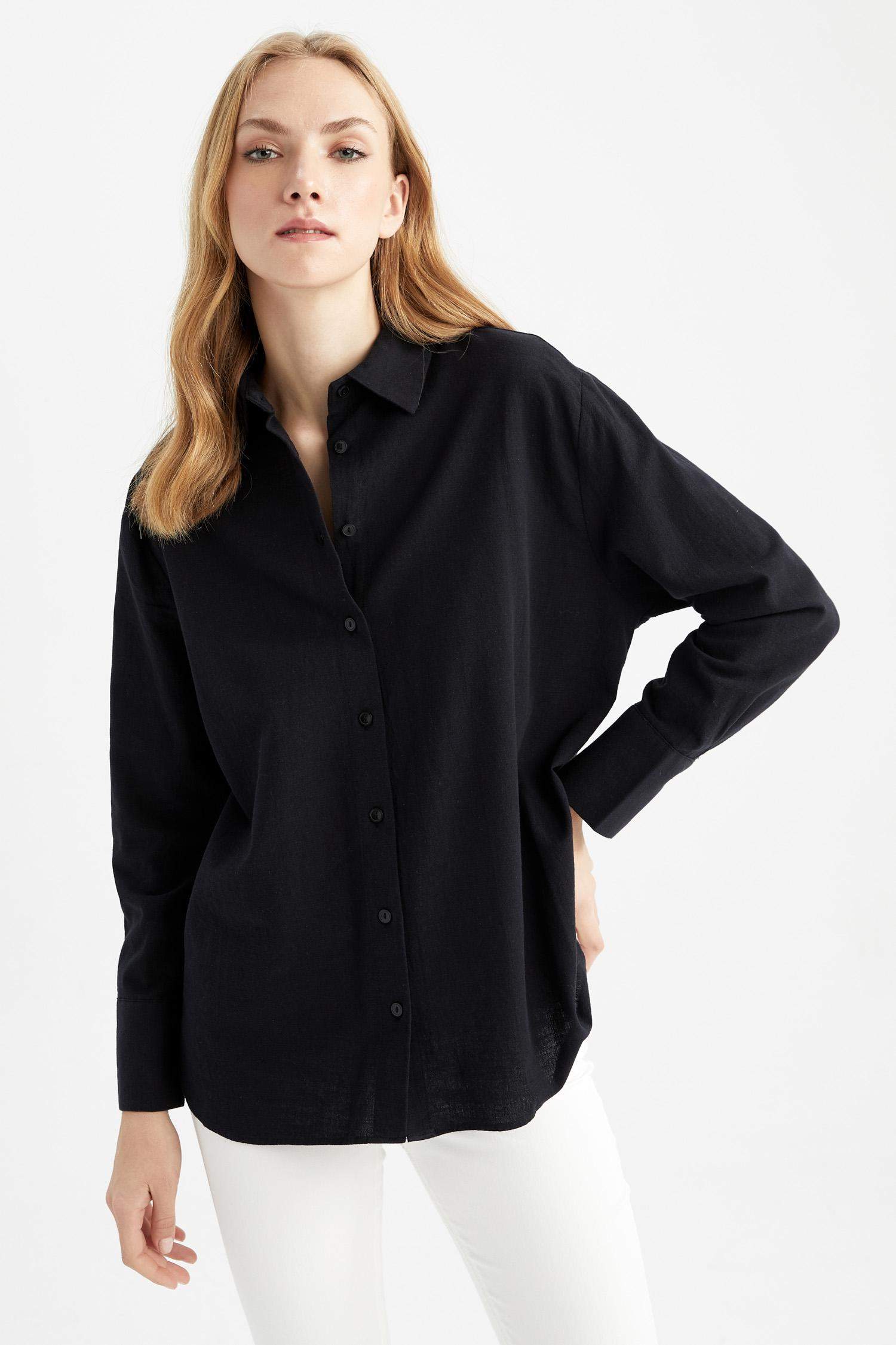 قميص بأكمام طويلة كتان اوفر سايز بياقة قميص