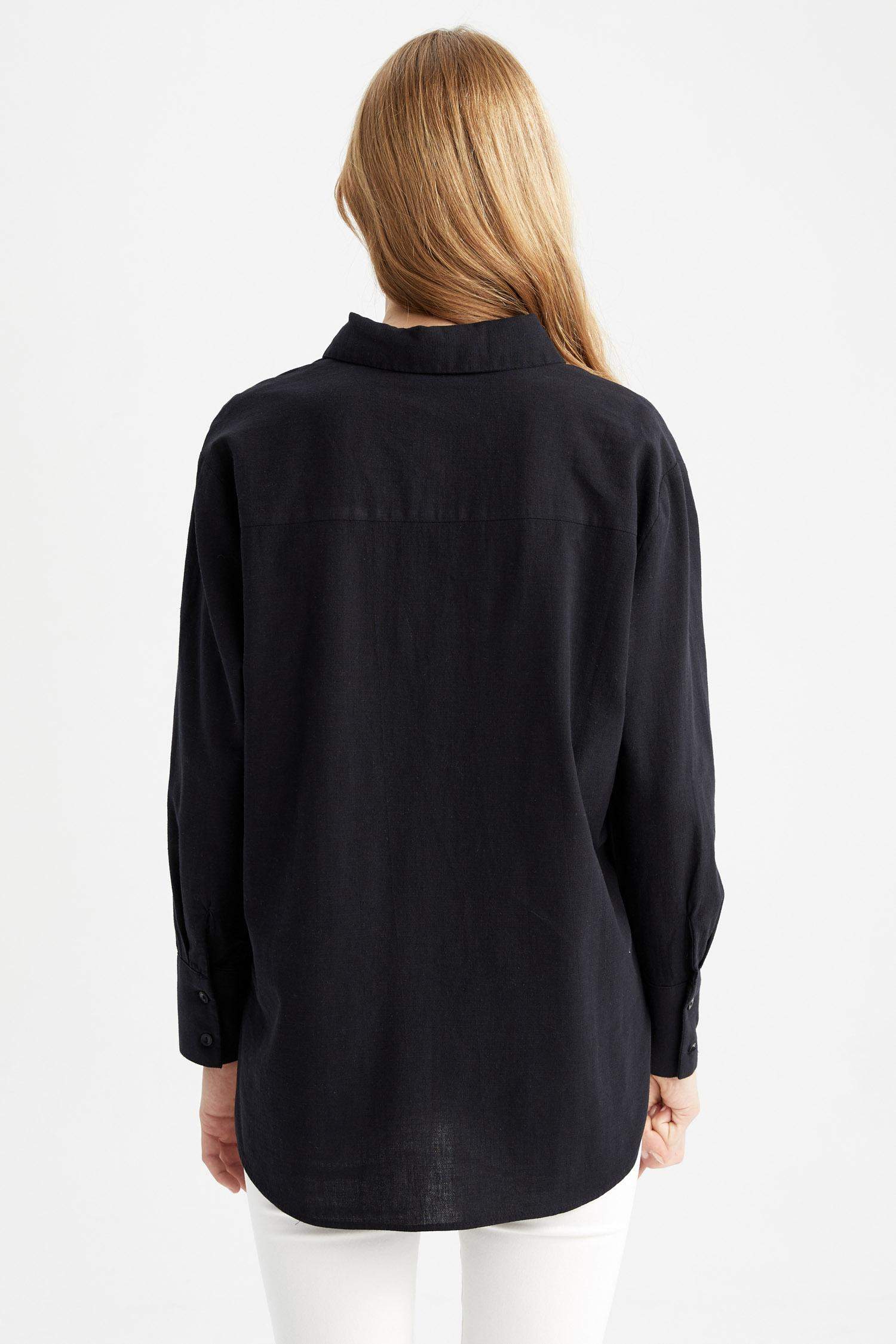 قميص بأكمام طويلة كتان اوفر سايز بياقة قميص