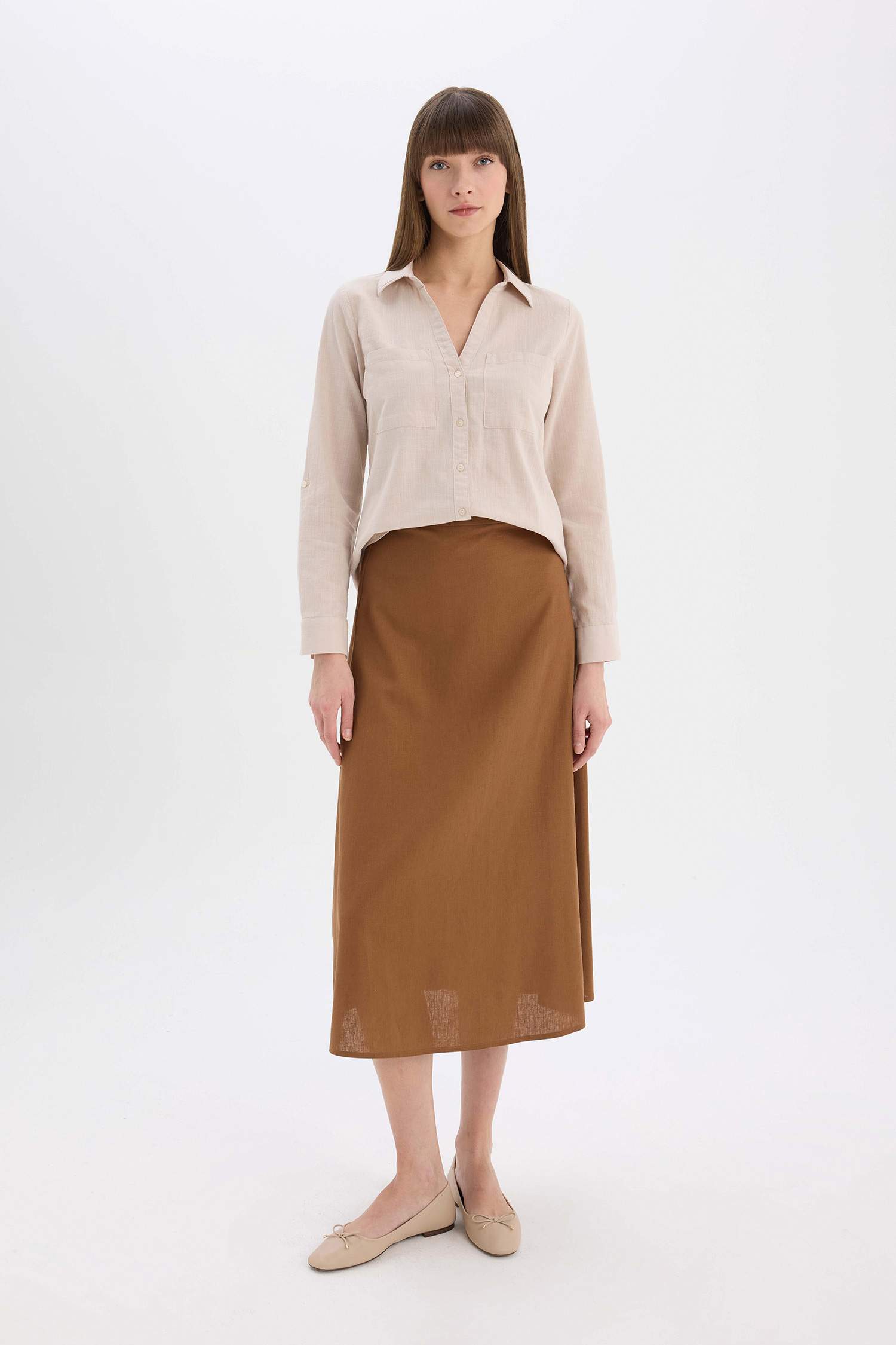 	Regular Fit Basic Düz Keten Karışımlı Uzun Kollu Gömlek