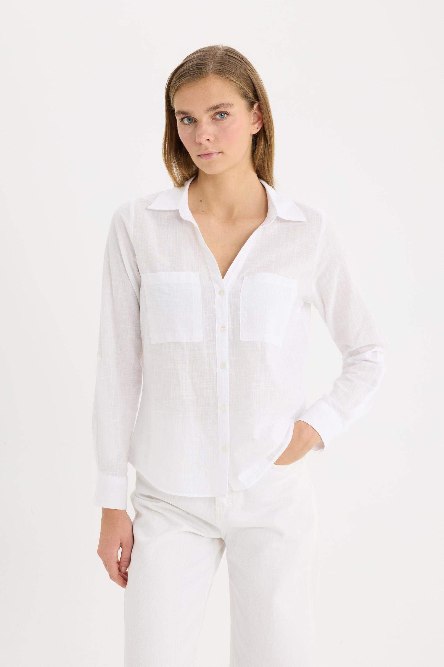 Regular Fit Basic Düz Keten Karışımlı Beyaz Uzun Kollu Gömlek