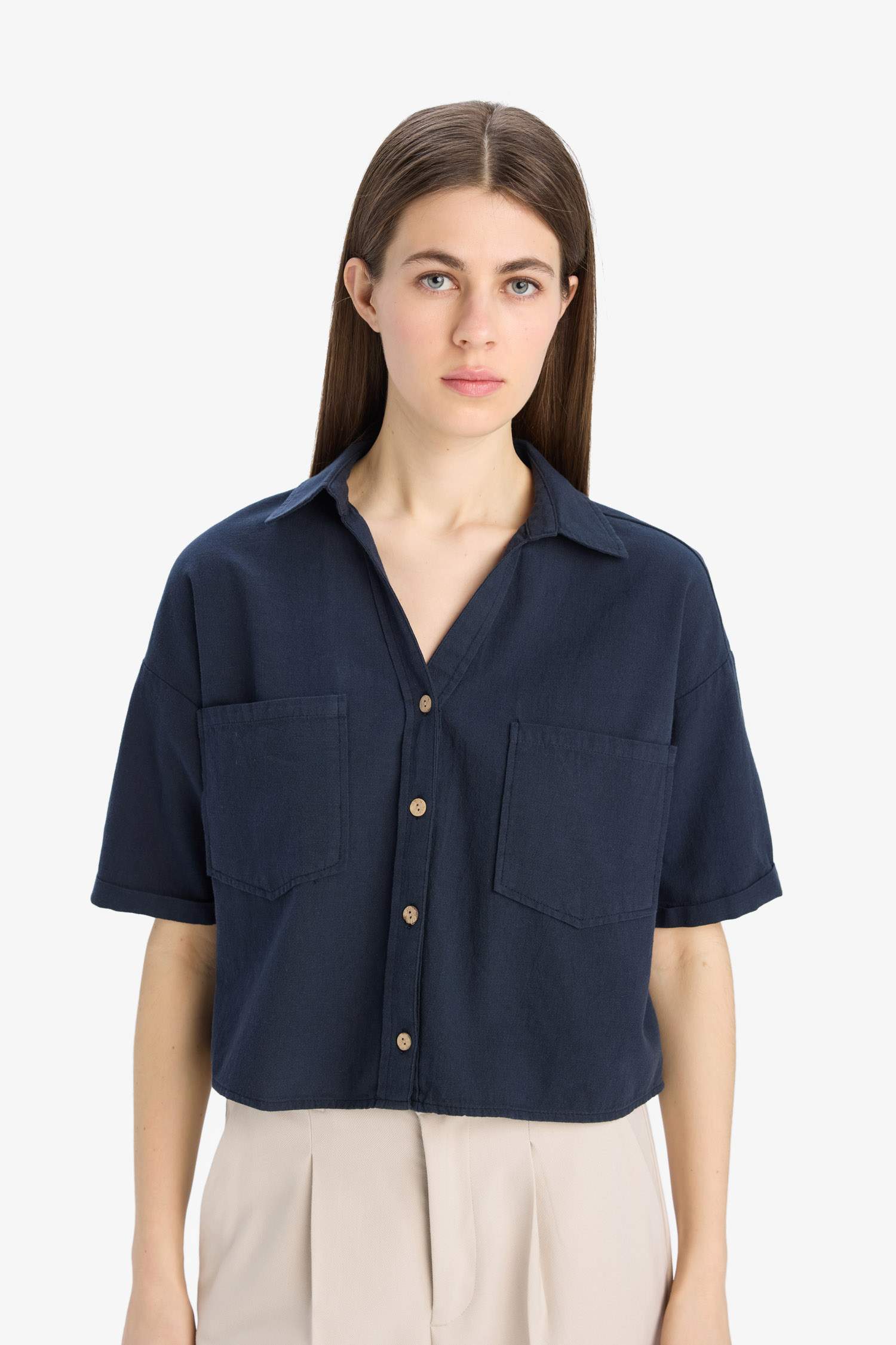 Boxy Fit Basic Düz Kısa Kollu Gömlek