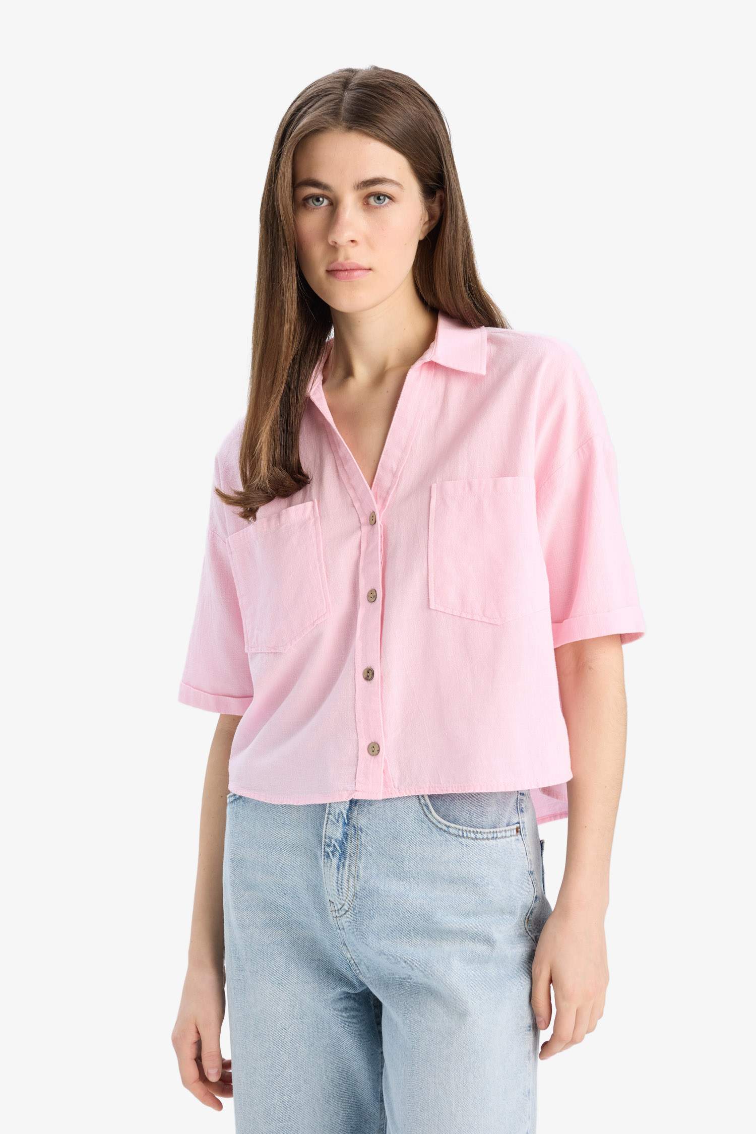 Boxy Fit Shirt Collar Linen Blended Short Sleeve Shirt