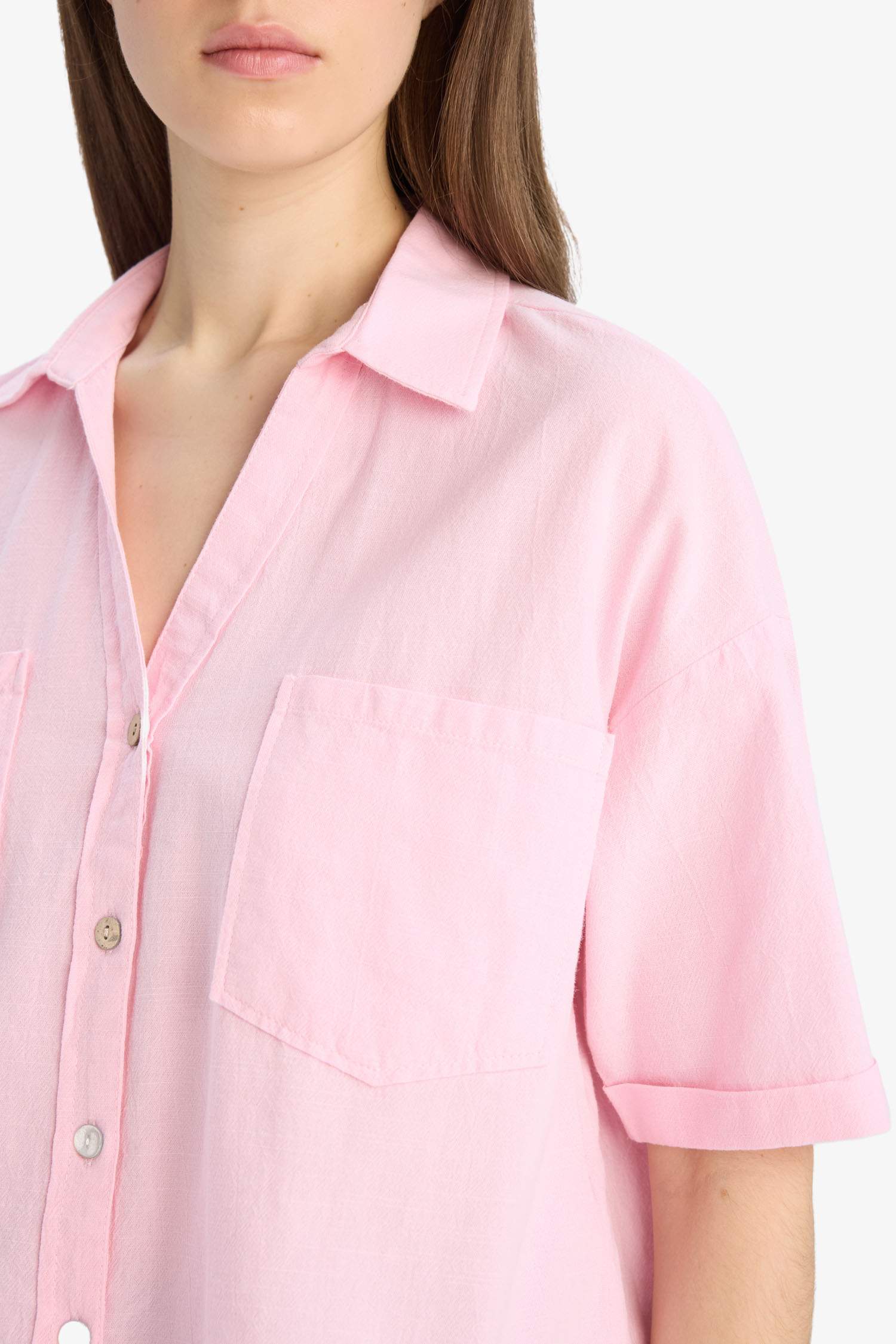 Boxy Fit Shirt Collar Linen Blended Short Sleeve Shirt