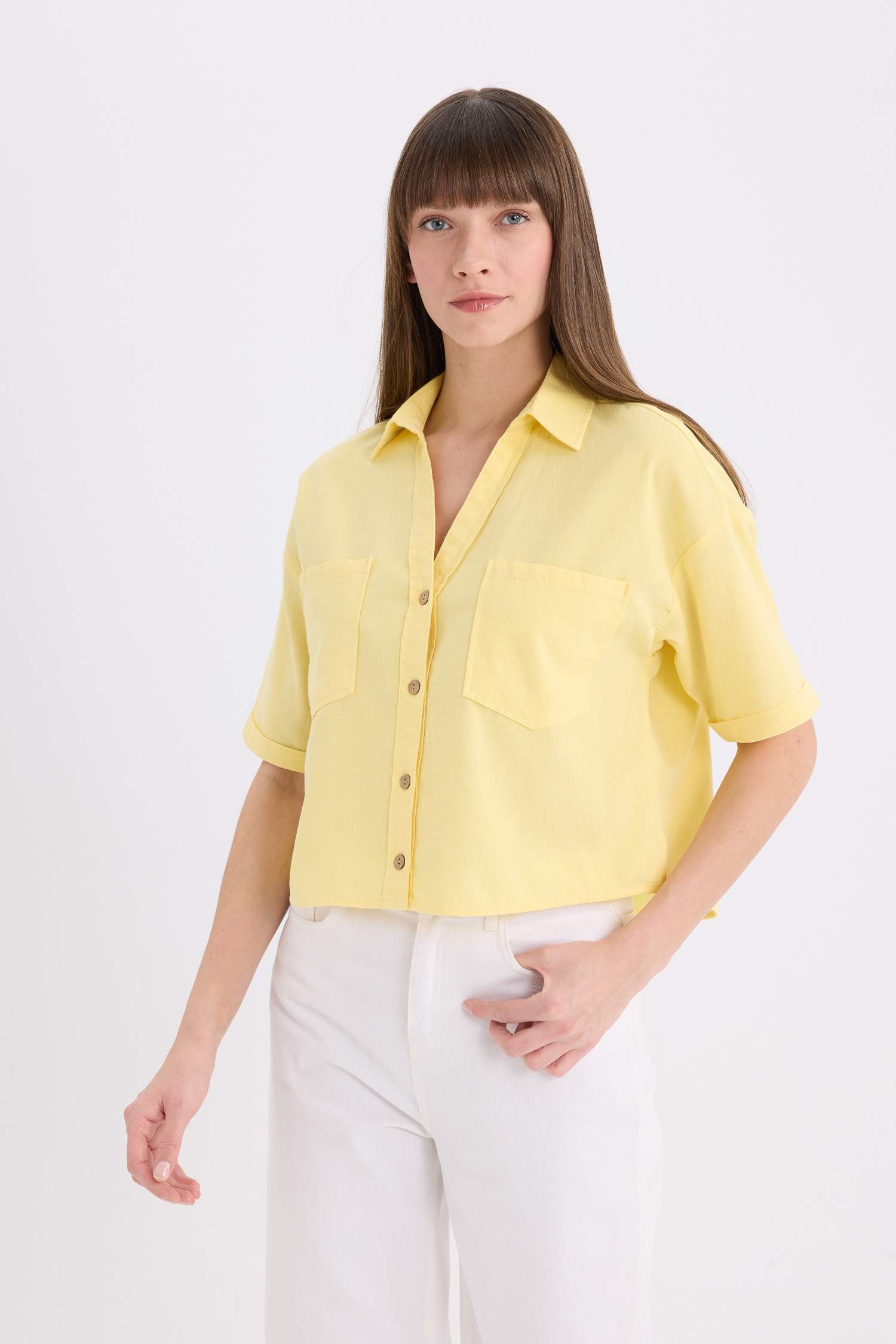 Boxy Fit Shirt Collar Linen Blended Short Sleeve Shirt