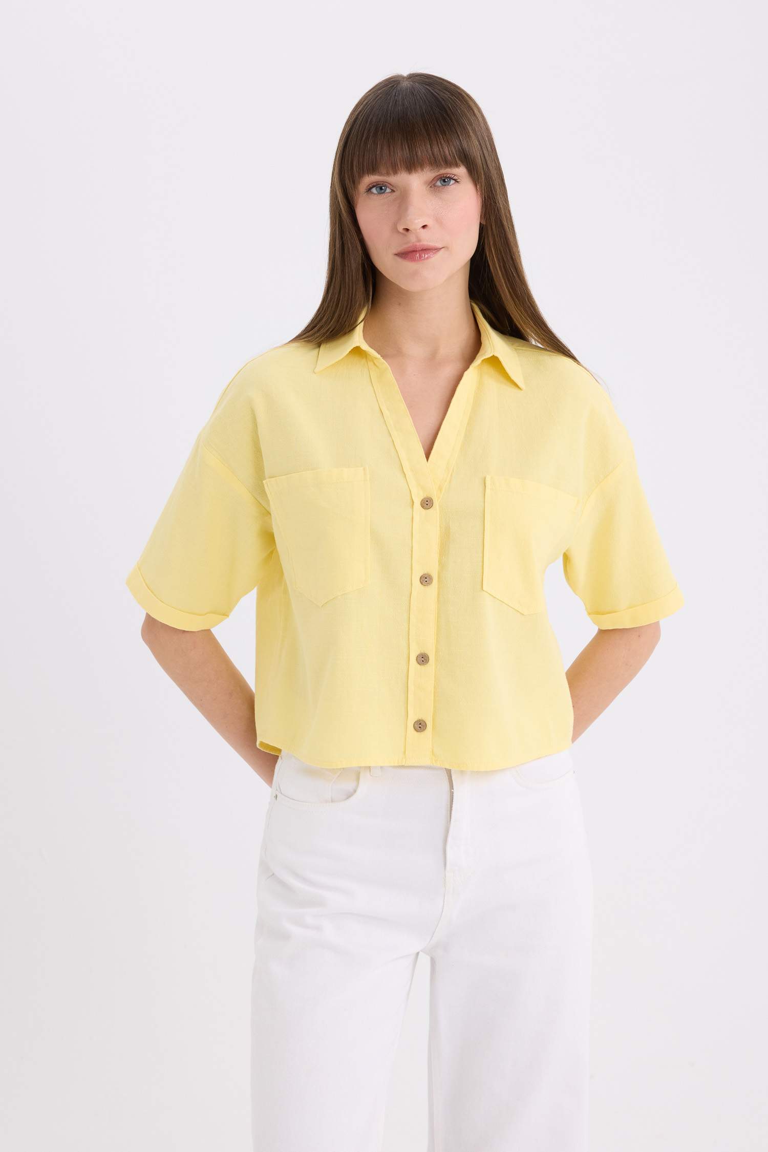 Boxy Fit Shirt Collar Linen Blended Short Sleeve Shirt