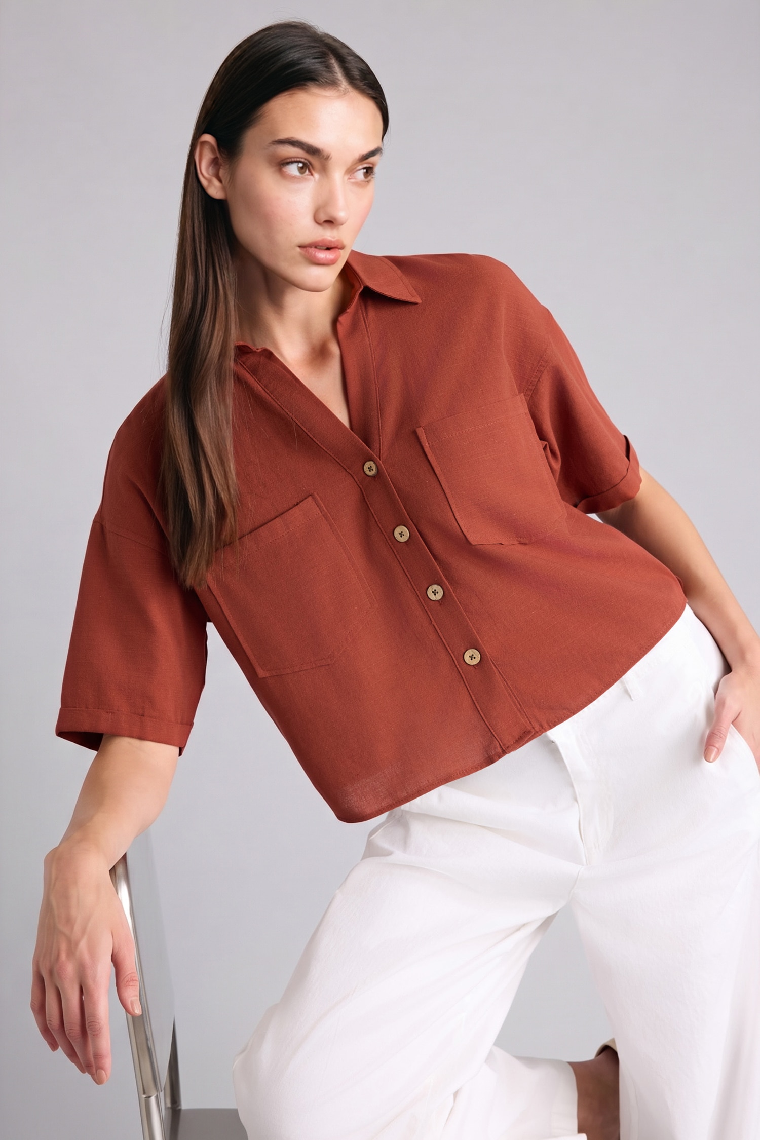 DeFacto Boxy Fit Keten Karışımlı Gömlek