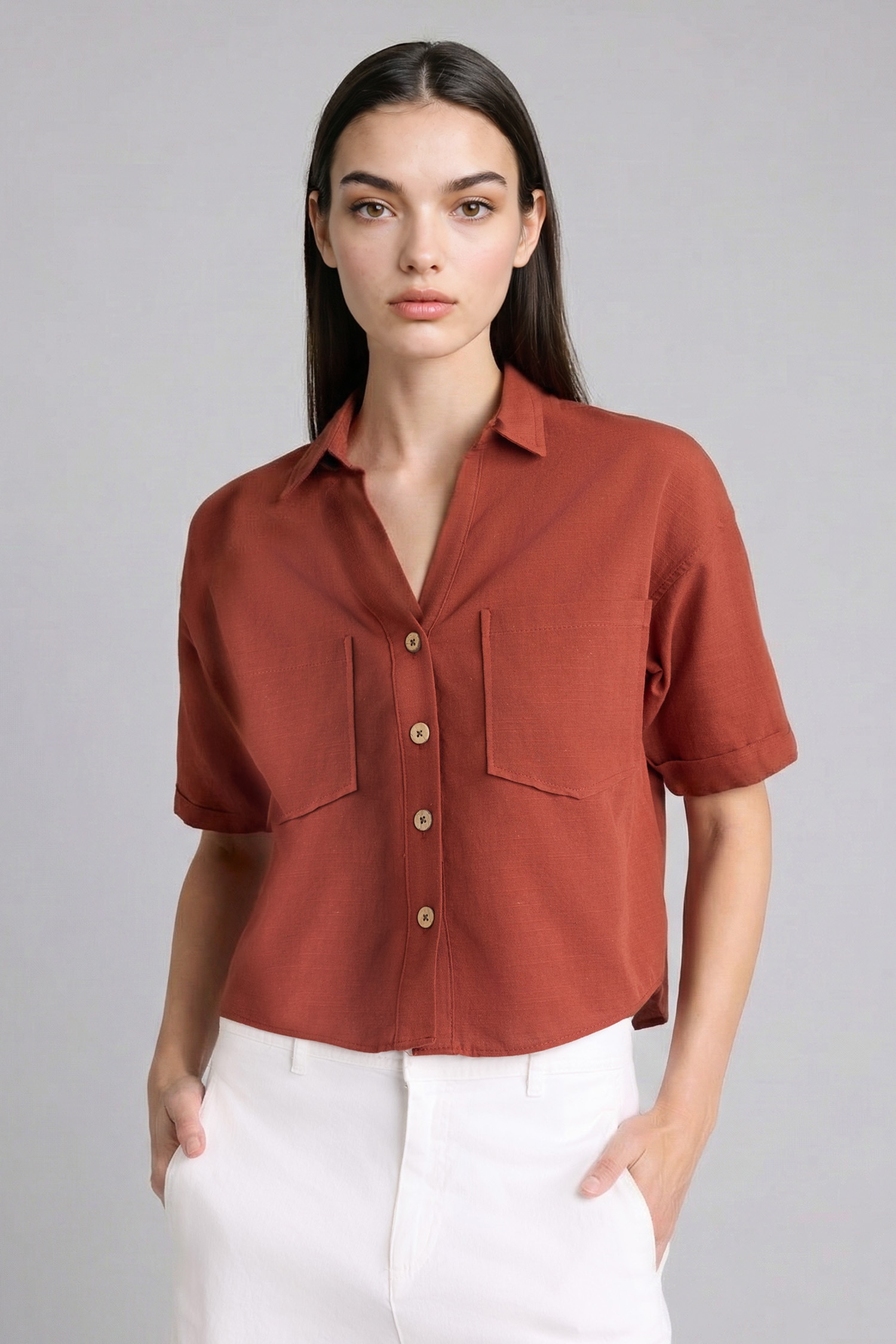 DeFacto Boxy Fit Keten Karışımlı Gömlek görsel 3