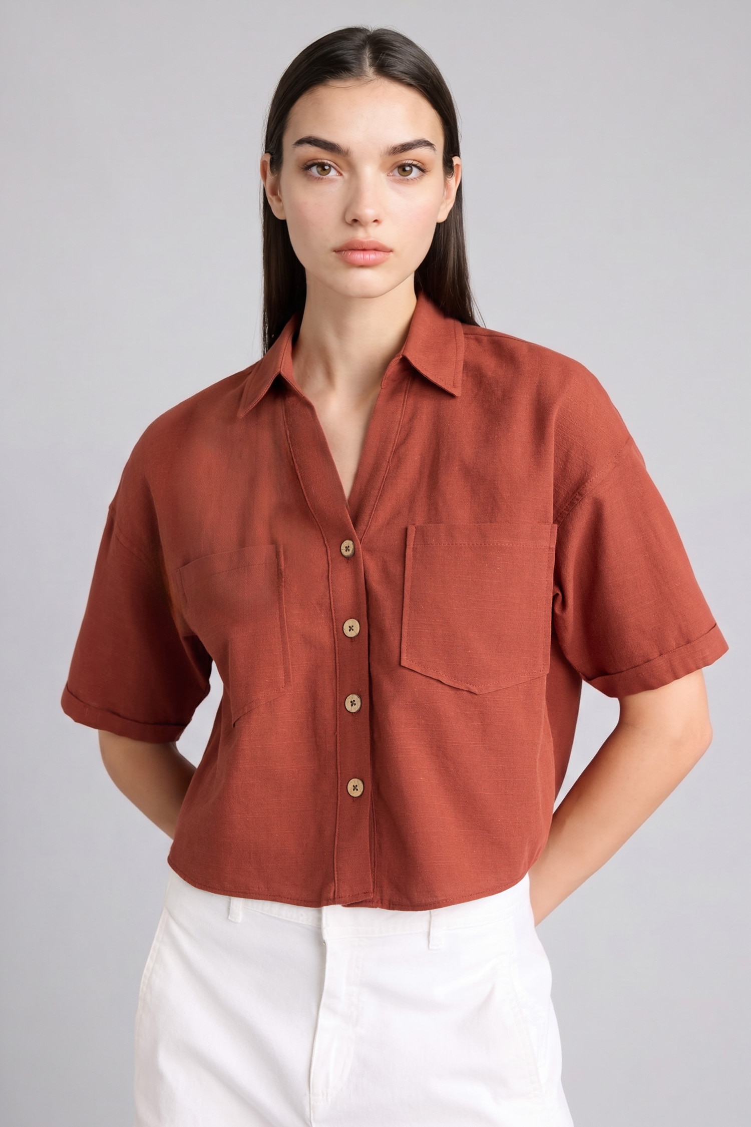 DeFacto Boxy Fit Keten Karışımlı Gömlek görsel 4