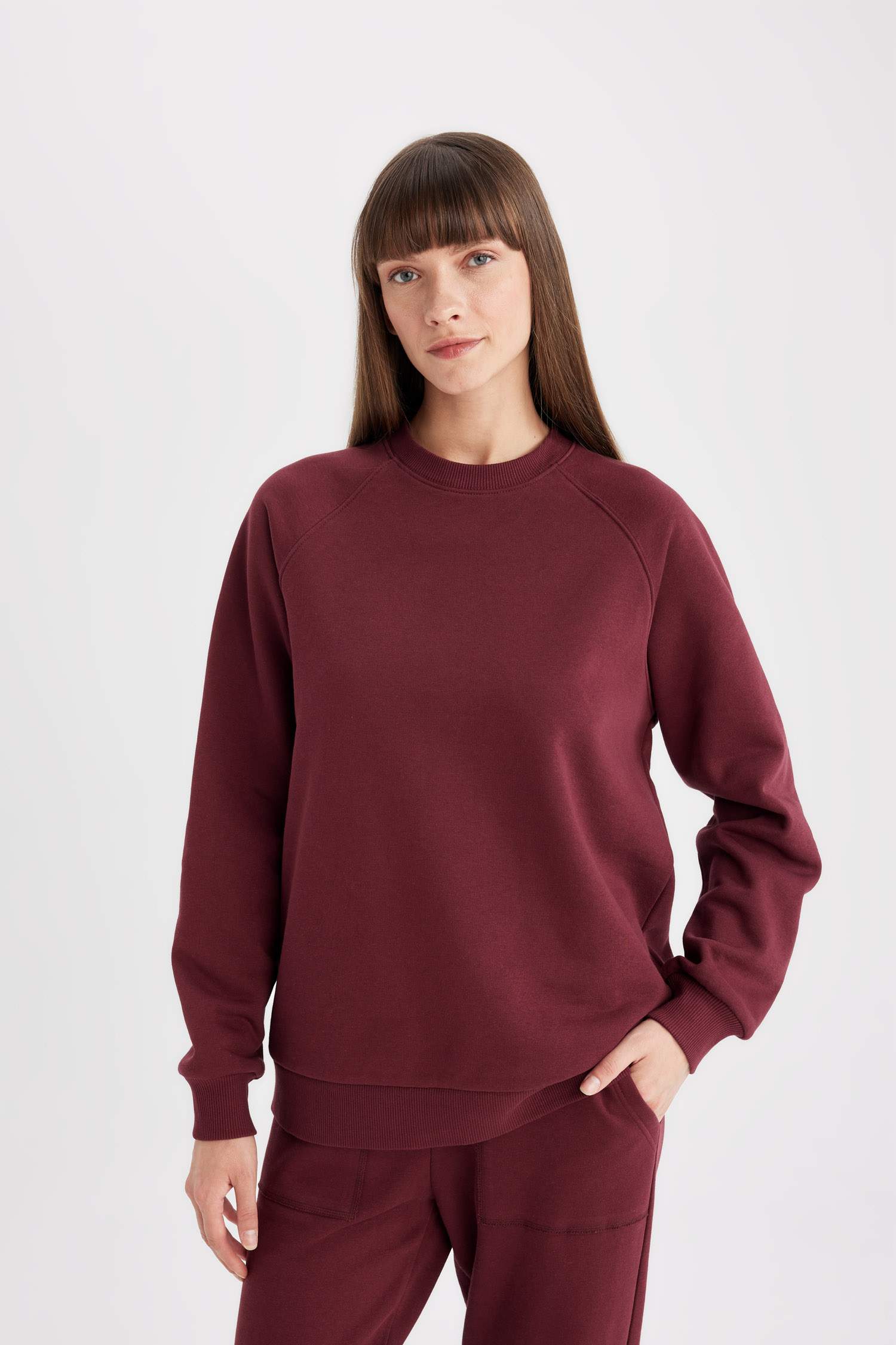 Oversize Geniş Kalıp Bisiklet Yaka Kalın Basic Düz Casual Sweatshirt
