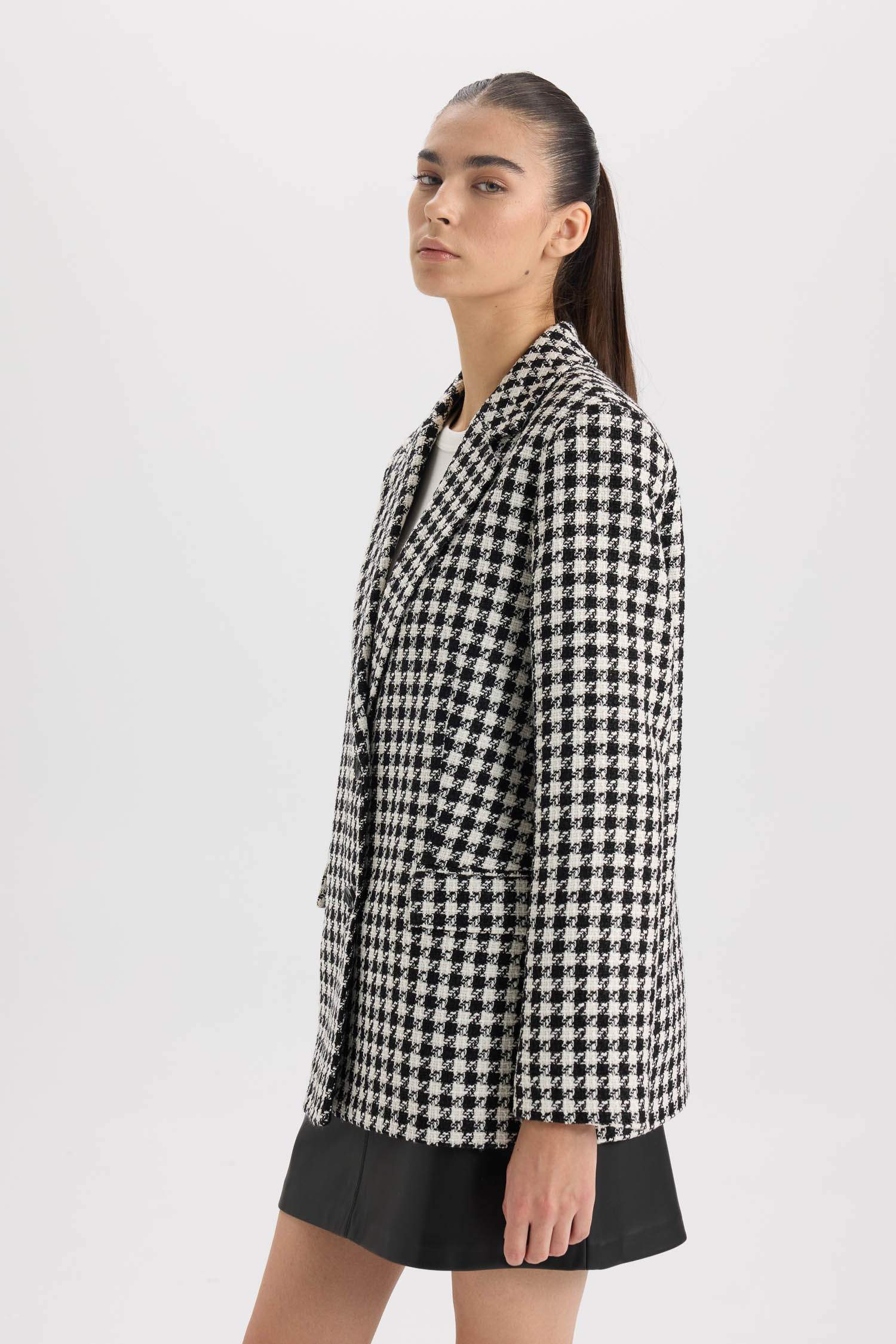 Oversize Geniş Kalıp Ceket Yaka Düğmeli Tweed Desenli Blazer Ceket