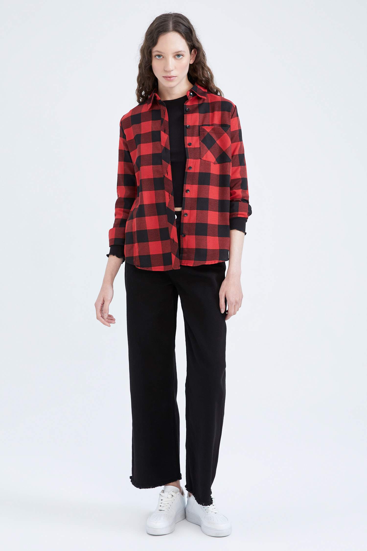 قميص كاروهات قصة عادية كم طويل من الفلانيل