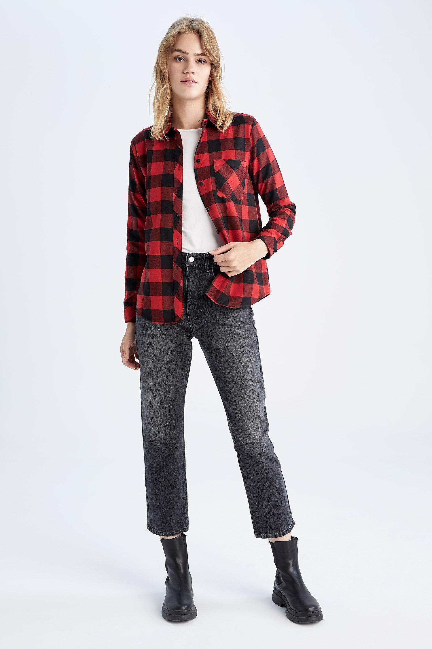 قميص كاروهات قصة عادية كم طويل من الفلانيل