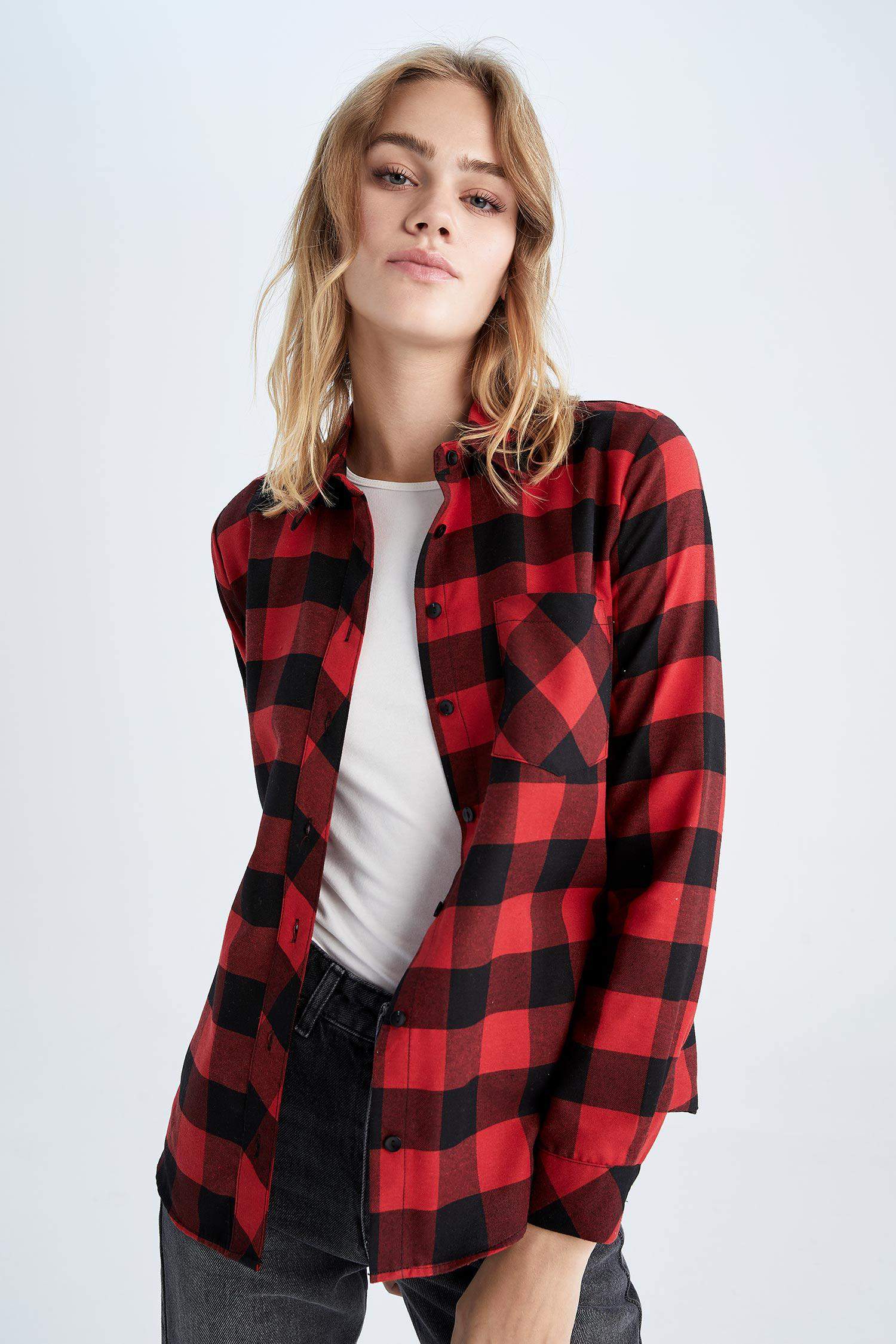 قميص كاروهات قصة عادية كم طويل من الفلانيل