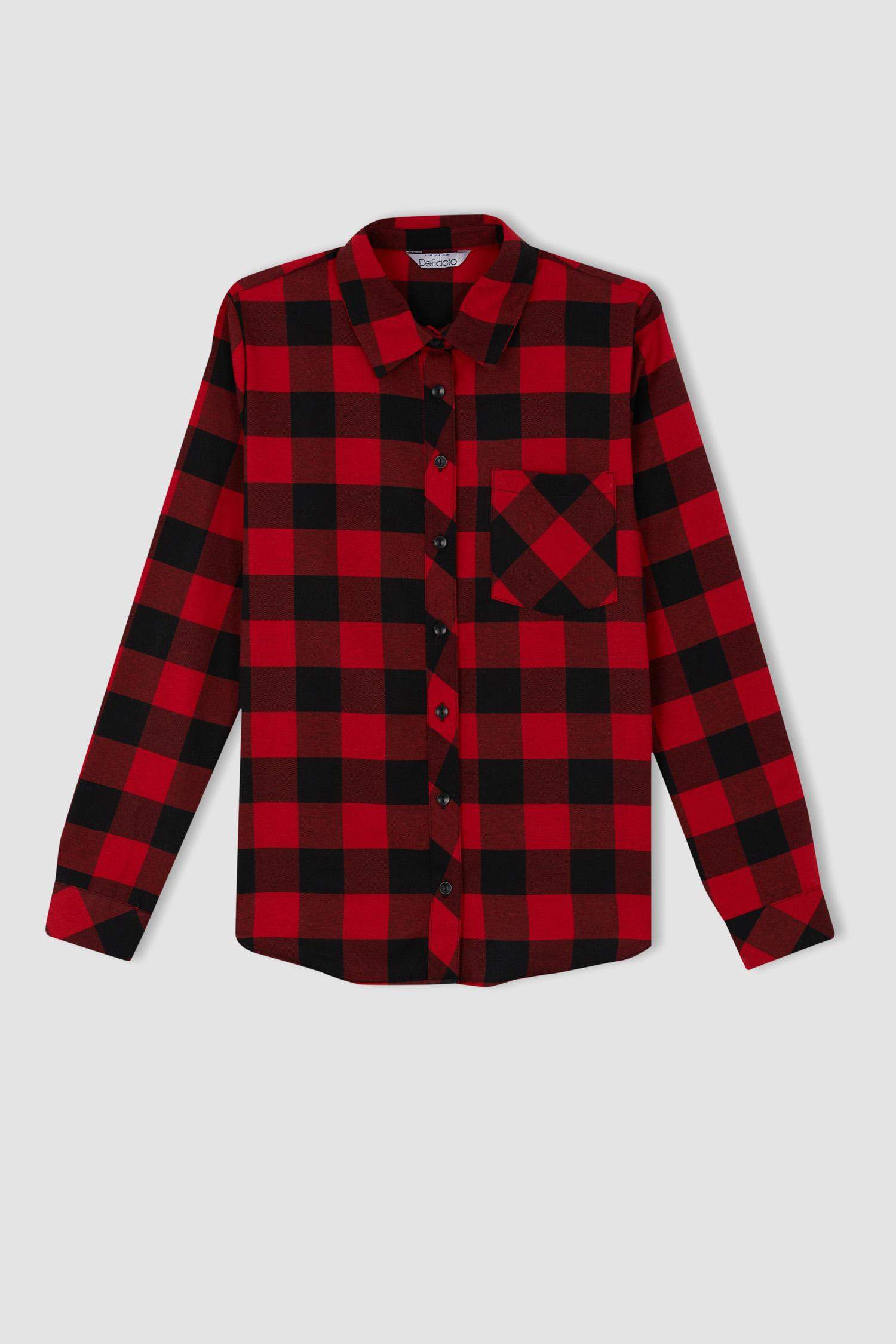 قميص كاروهات قصة عادية كم طويل من الفلانيل